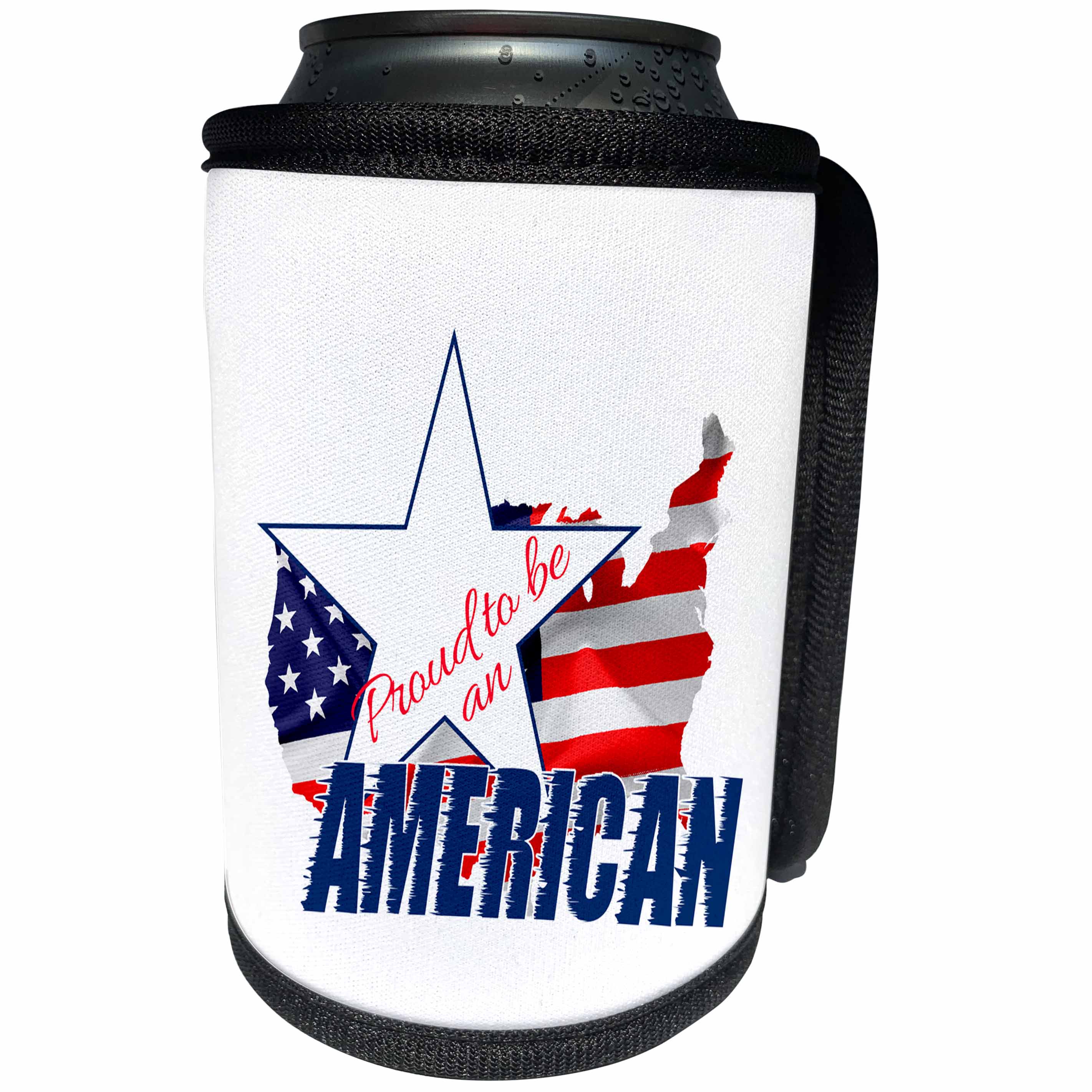 3dRose Alexis Design - America - America Map and Flag, text Proud to be an American on white - Can Cooler Bottle Wrap (cc_270547)