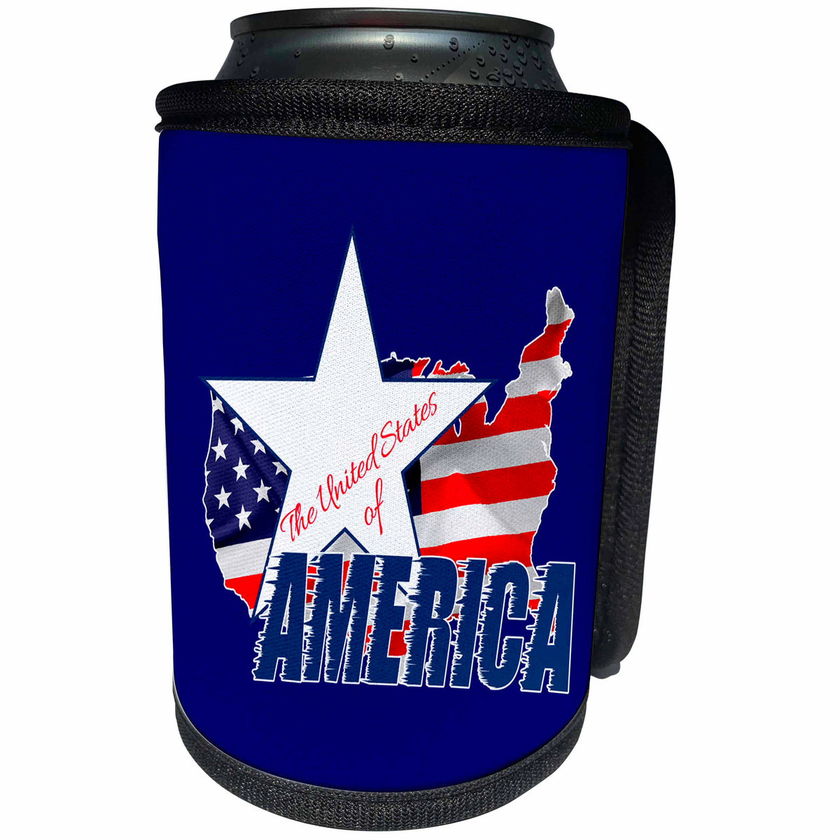 3dRose Alexis Design - America - American Map and Star, text The United States of America on blue - Can Cooler Bottle Wrap (cc_270548)