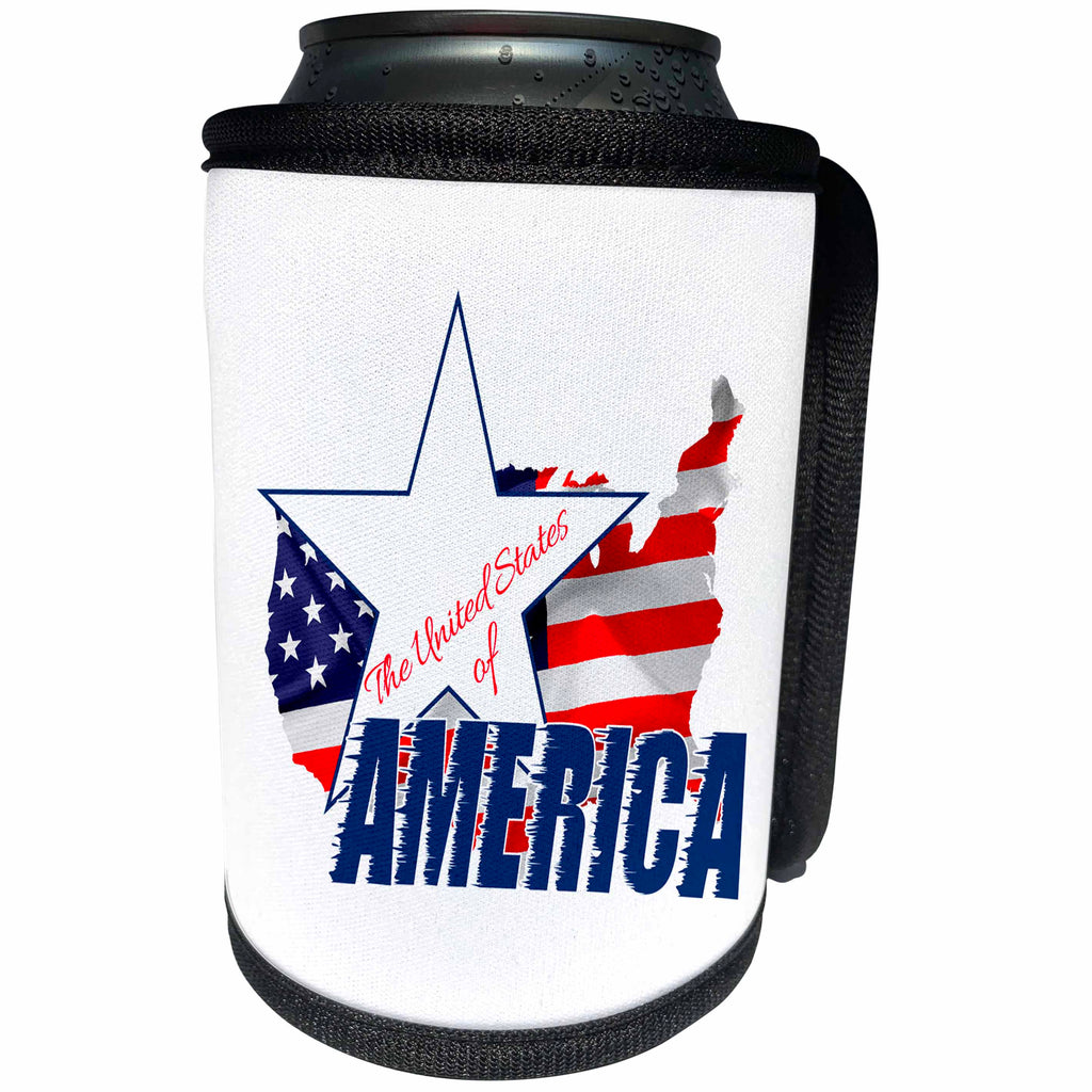 3dRose Alexis Design - America - Map and Flag of the USA, text The United States of America on white - Can Cooler Bottle Wrap (cc_270549)