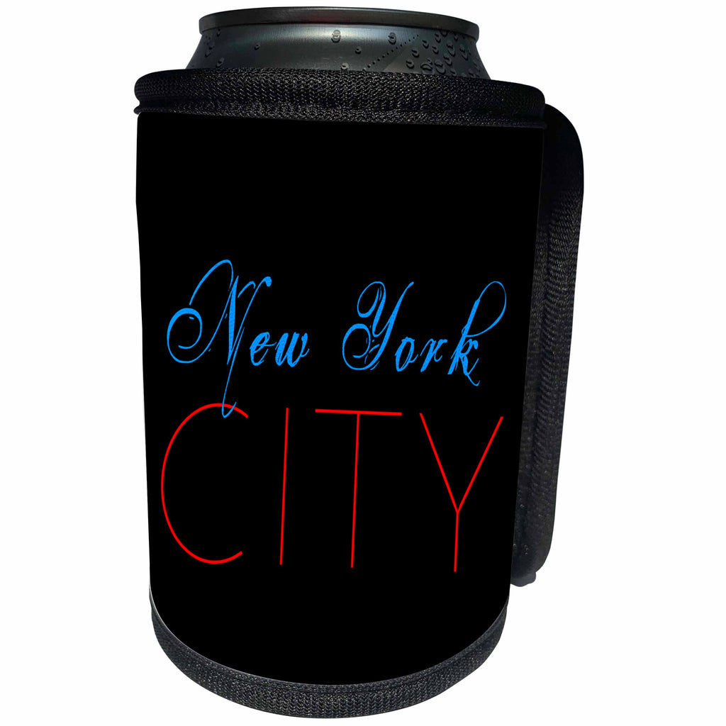 3dRose Alexis Design - America - Blue text New York, red text City, black background - Can Cooler Bottle Wrap (cc_270550)