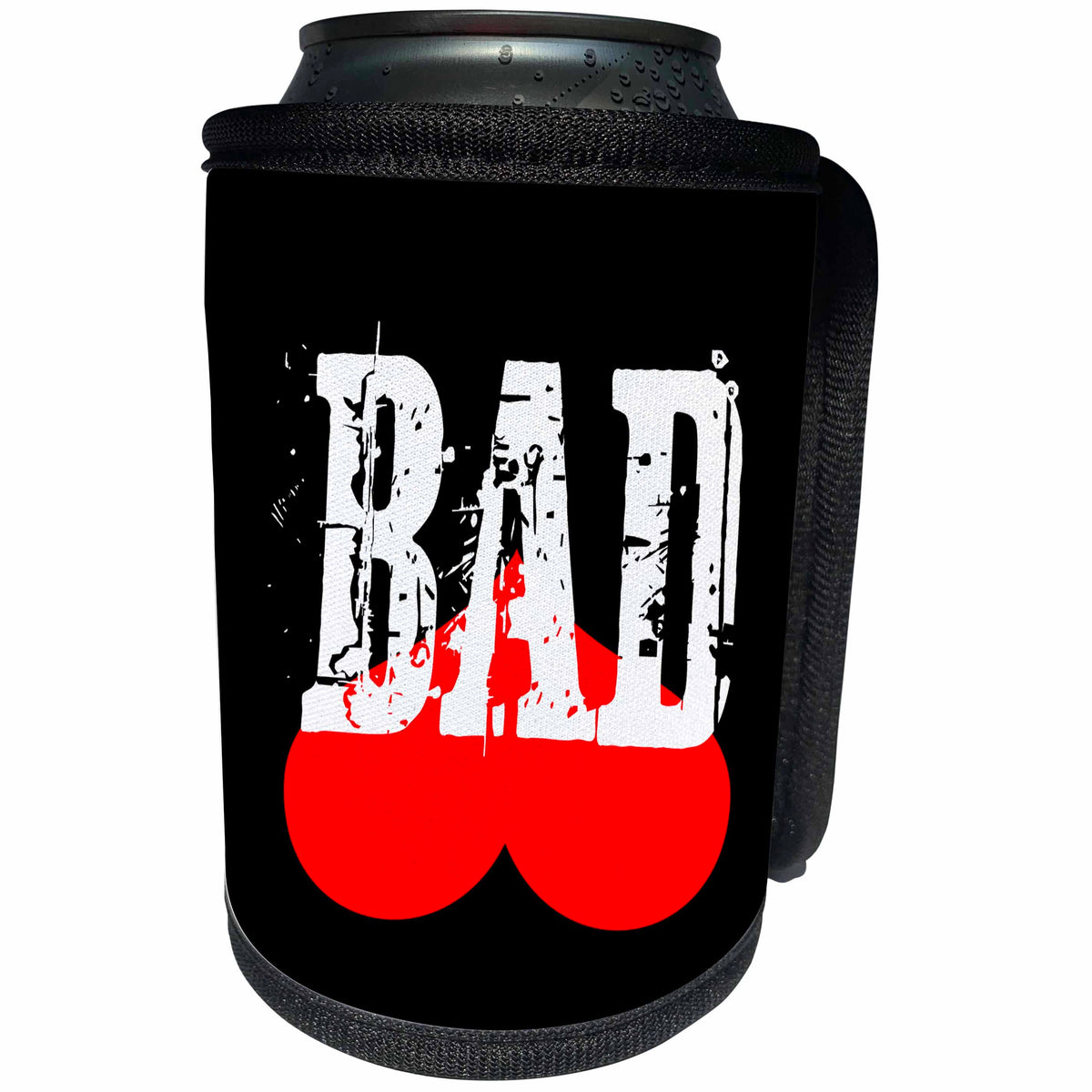 3dRose Alexis Design - Funny - White text BAD above a red heart turned upside down, black background - Can Cooler Bottle Wrap (cc_270555)