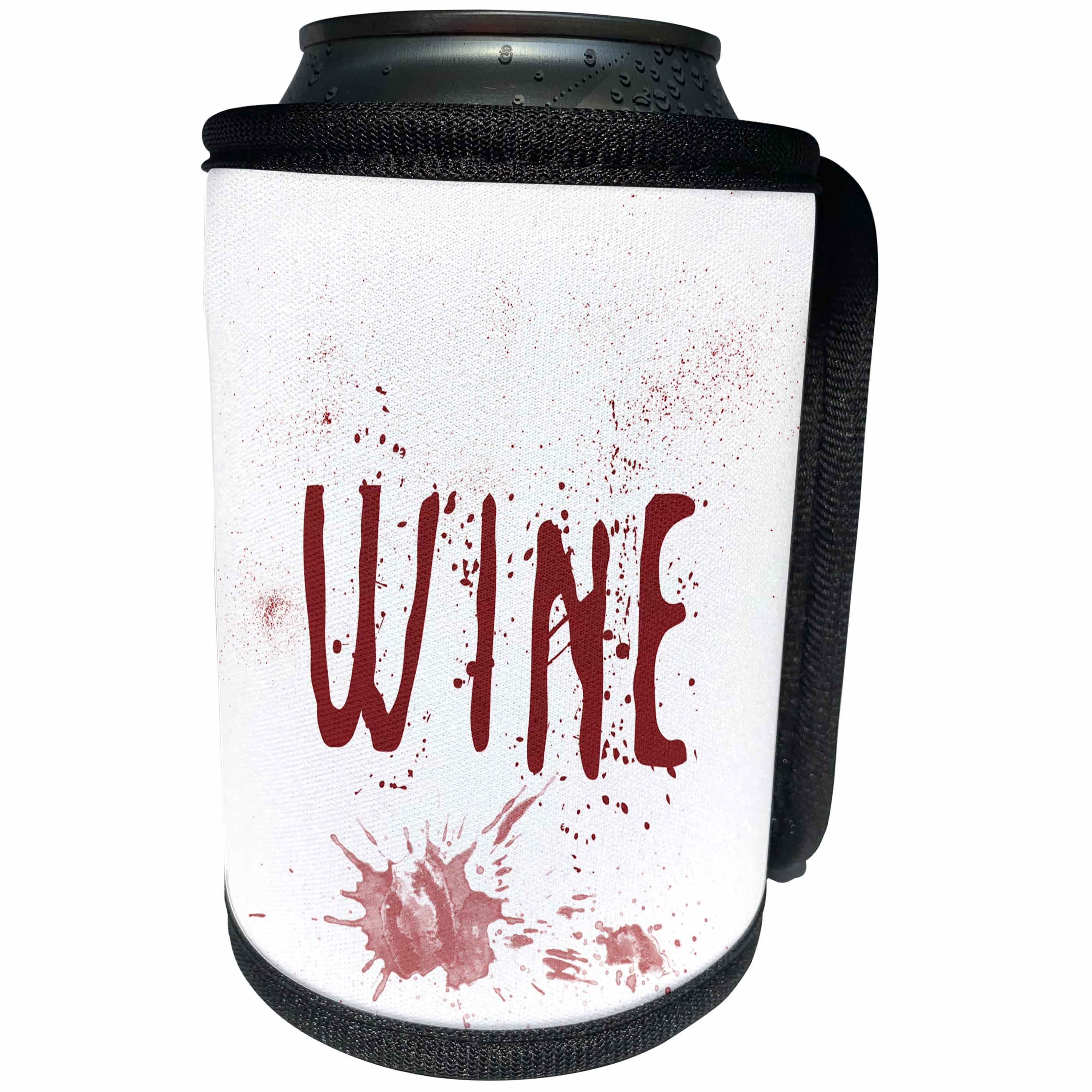 3dRose Alexis Design - Funny - Dark red text WINE and dried splashes of red wine on white background - Can Cooler Bottle Wrap (cc_270558)