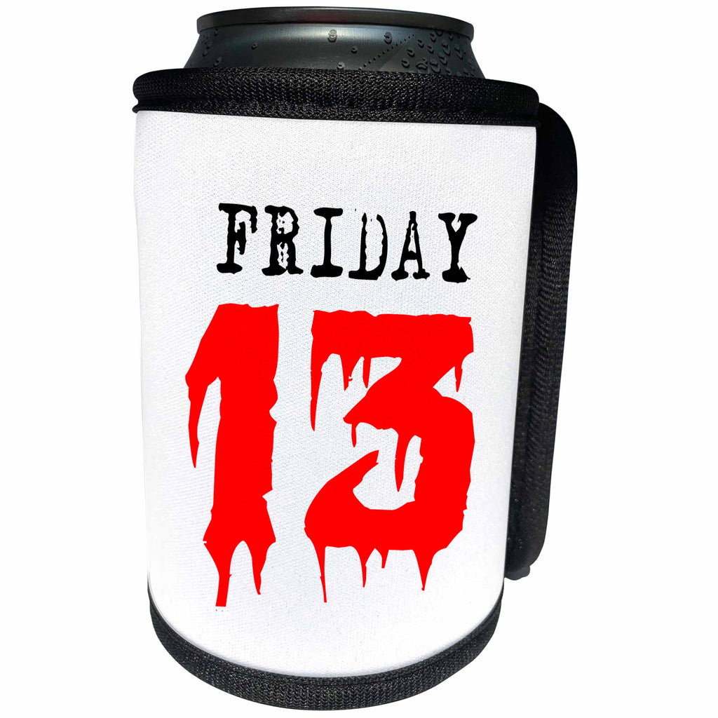 3dRose Alexis Design - Funny - Black text Friday, red number 13. White background - Can Cooler Bottle Wrap (cc_270559)