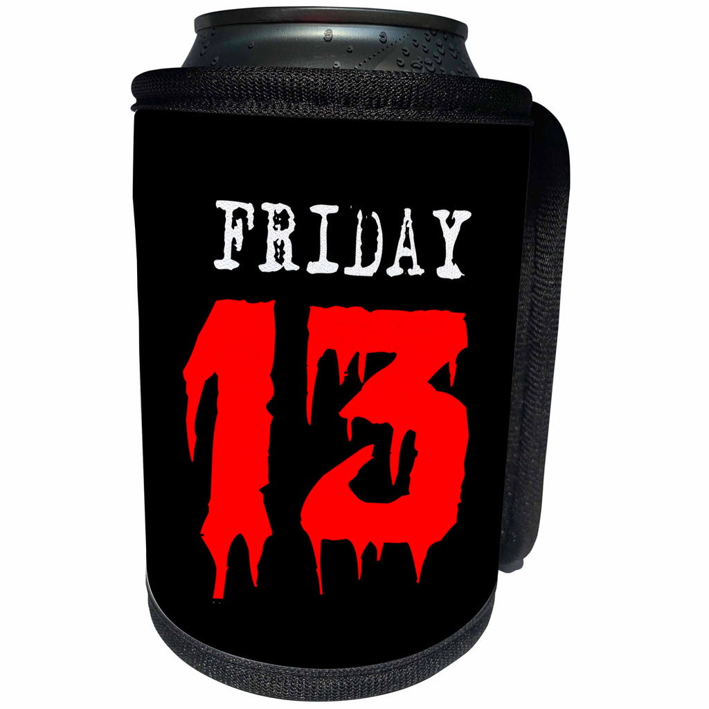 3dRose Alexis Design - Funny - White text Friday, red number 13. Black background - Can Cooler Bottle Wrap (cc_270560)