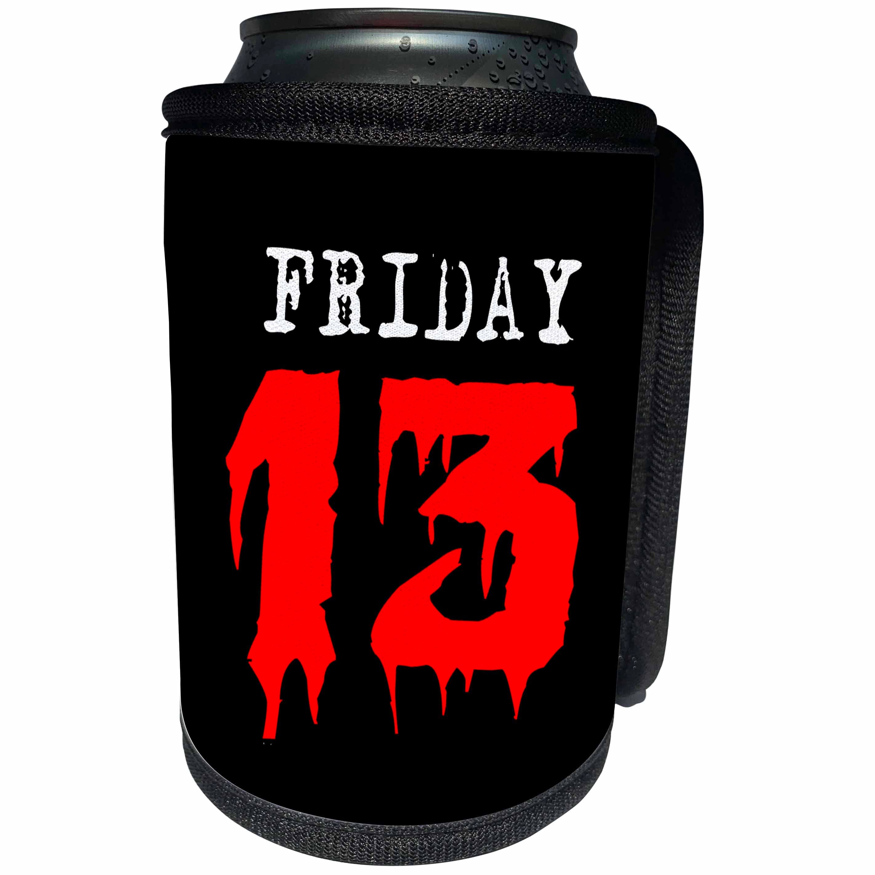 3dRose Alexis Design - Funny - White text Friday, red number 13. Black background - Can Cooler Bottle Wrap (cc_270560)