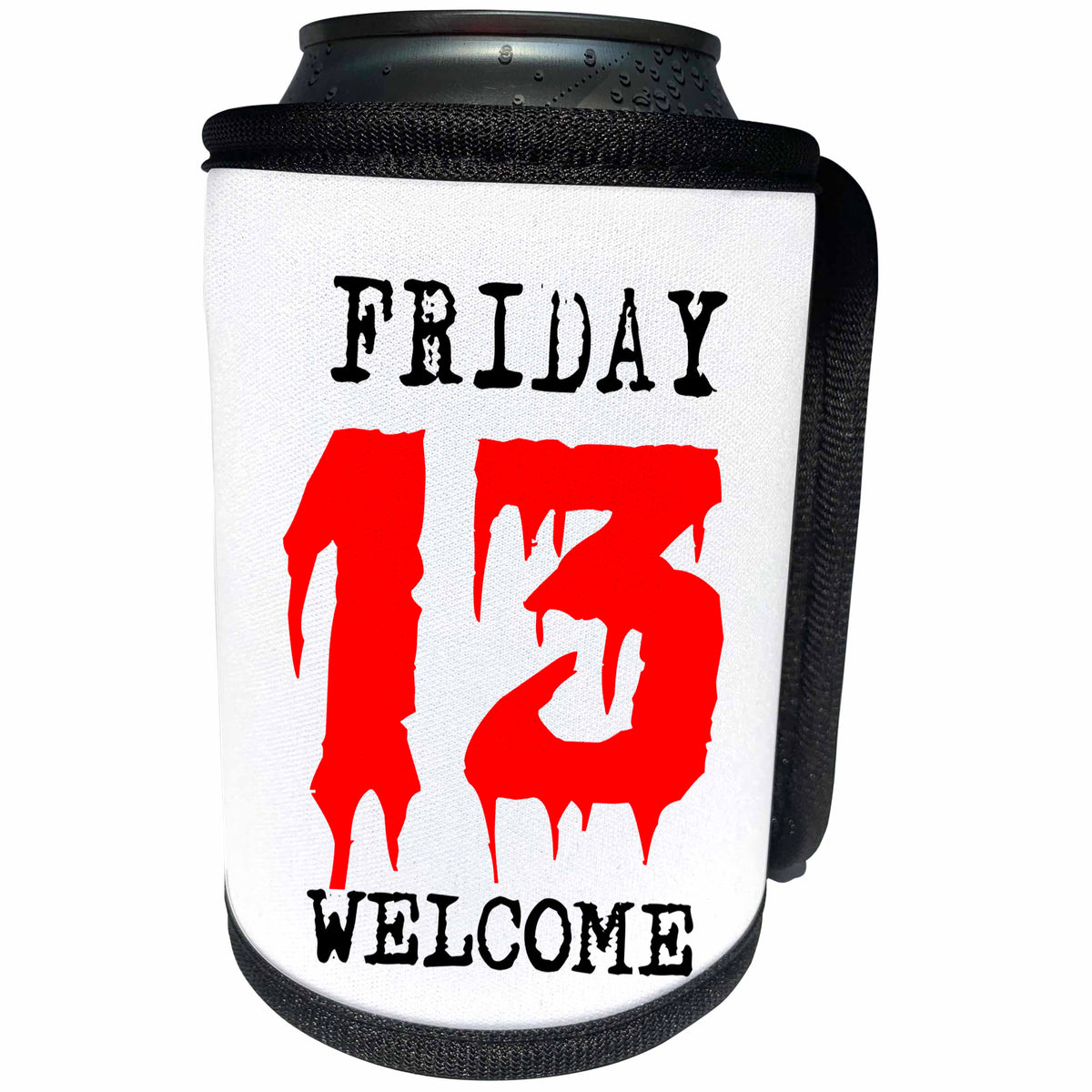3dRose Can Cooler Bottle Wrap - Alexis Design - Funny - Black text Friday, red number 13, text Welcome on White Background