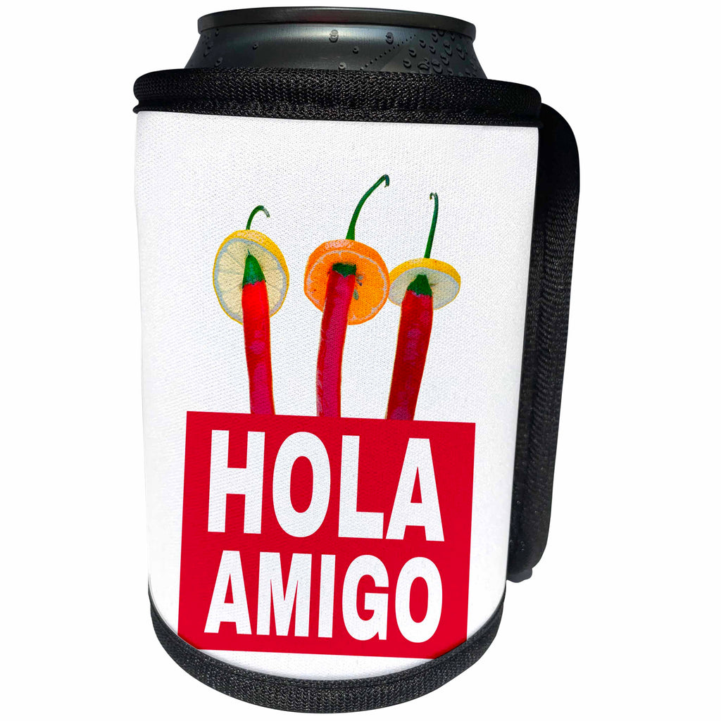 3dRose Alexis Design - Funny - Three red chili peppers in sombreros. Text Hola Amigo on red - Can Cooler Bottle Wrap (cc_270563)