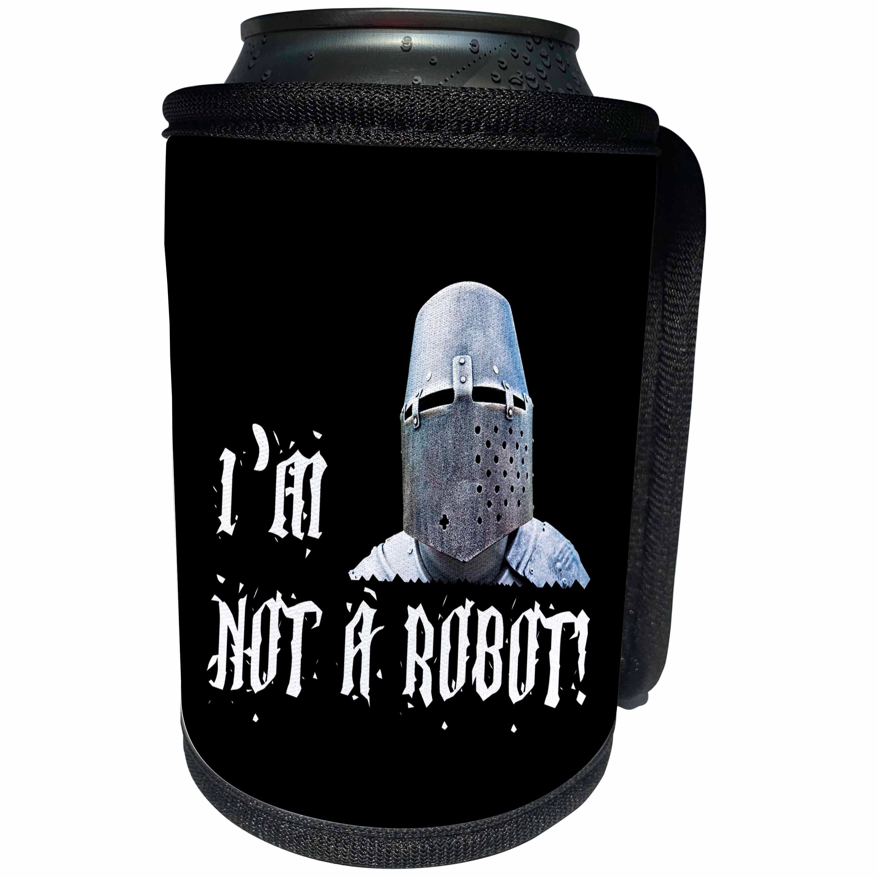 3dRose Alexis Design - Funny Knight - Medieval Knight, I am Not A Robot. Black background - Can Cooler Bottle Wrap (cc_270565)