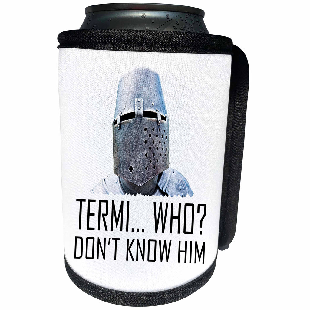 3dRose Alexis Design - Funny Knight - Medieval Knight, Termi... Who, Do not know him. White background - Can Cooler Bottle Wrap (cc_270566)