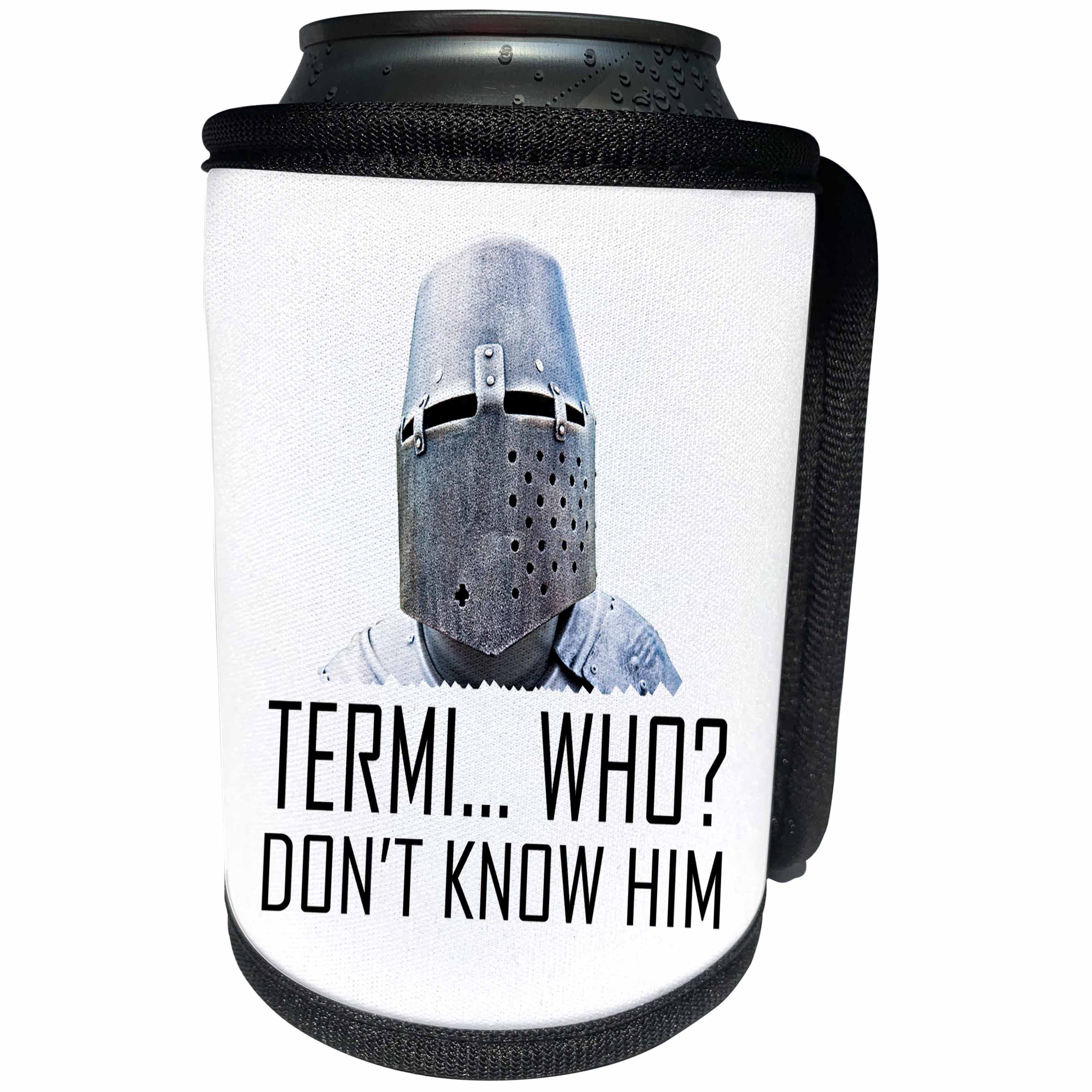 3dRose Alexis Design - Funny Knight - Medieval Knight, Termi... Who, Do not know him. White background - Can Cooler Bottle Wrap (cc_270566)
