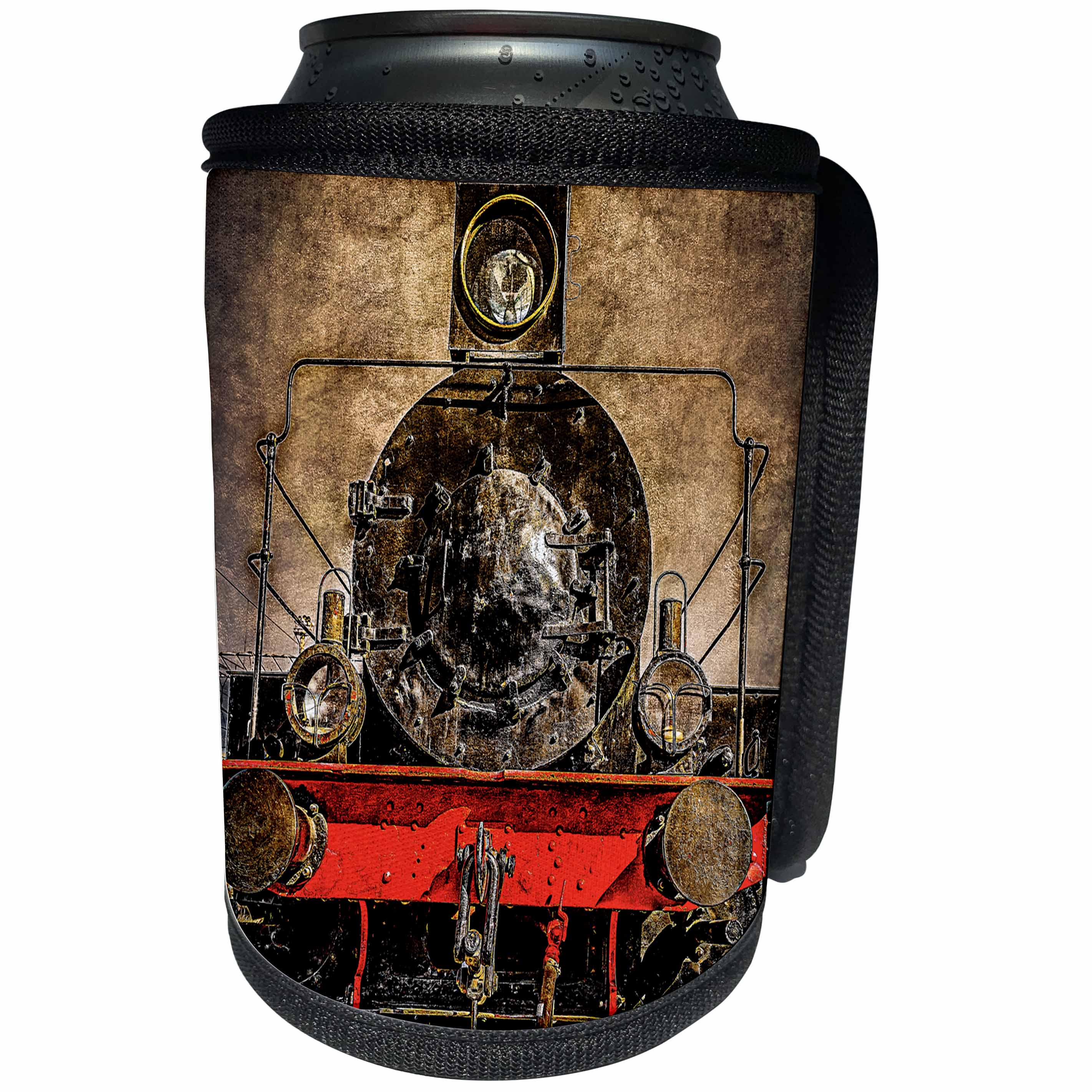 3dRose Alexis Photography - Transport Railroad - Frontal view of an ancient steam locomotive. Stylized photo - Can Cooler Bottle Wrap (cc_270621)