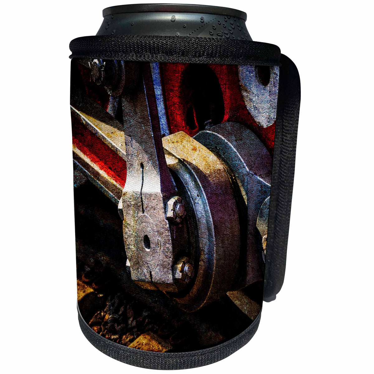 3dRose Alexis Photography - Transport Railroad - Detail of a driving gear of a vintage steam train. Stylized photo - Can Cooler Bottle Wrap (cc_270626)