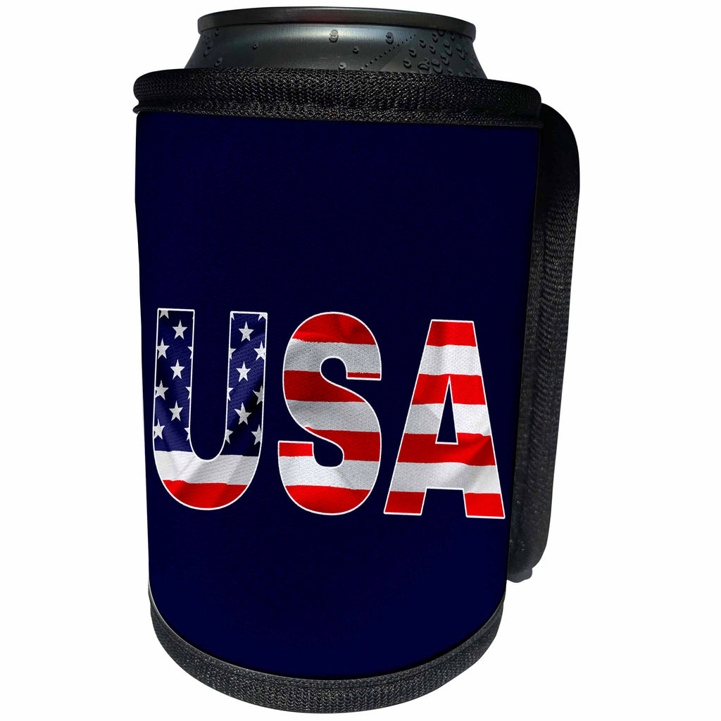 3dRose Alexis Design - America - USA text, the American Flag over the letters. Blue background - Can Cooler Bottle Wrap (cc_270651)