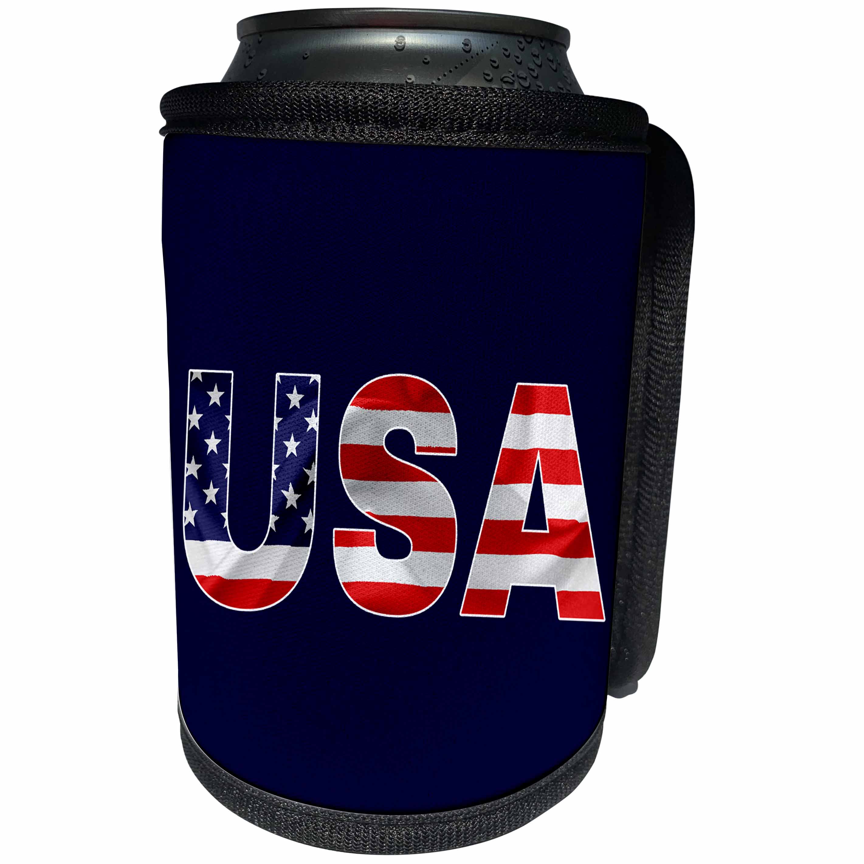 3dRose Alexis Design - America - USA text, the American Flag over the letters. Blue background - Can Cooler Bottle Wrap (cc_270651)