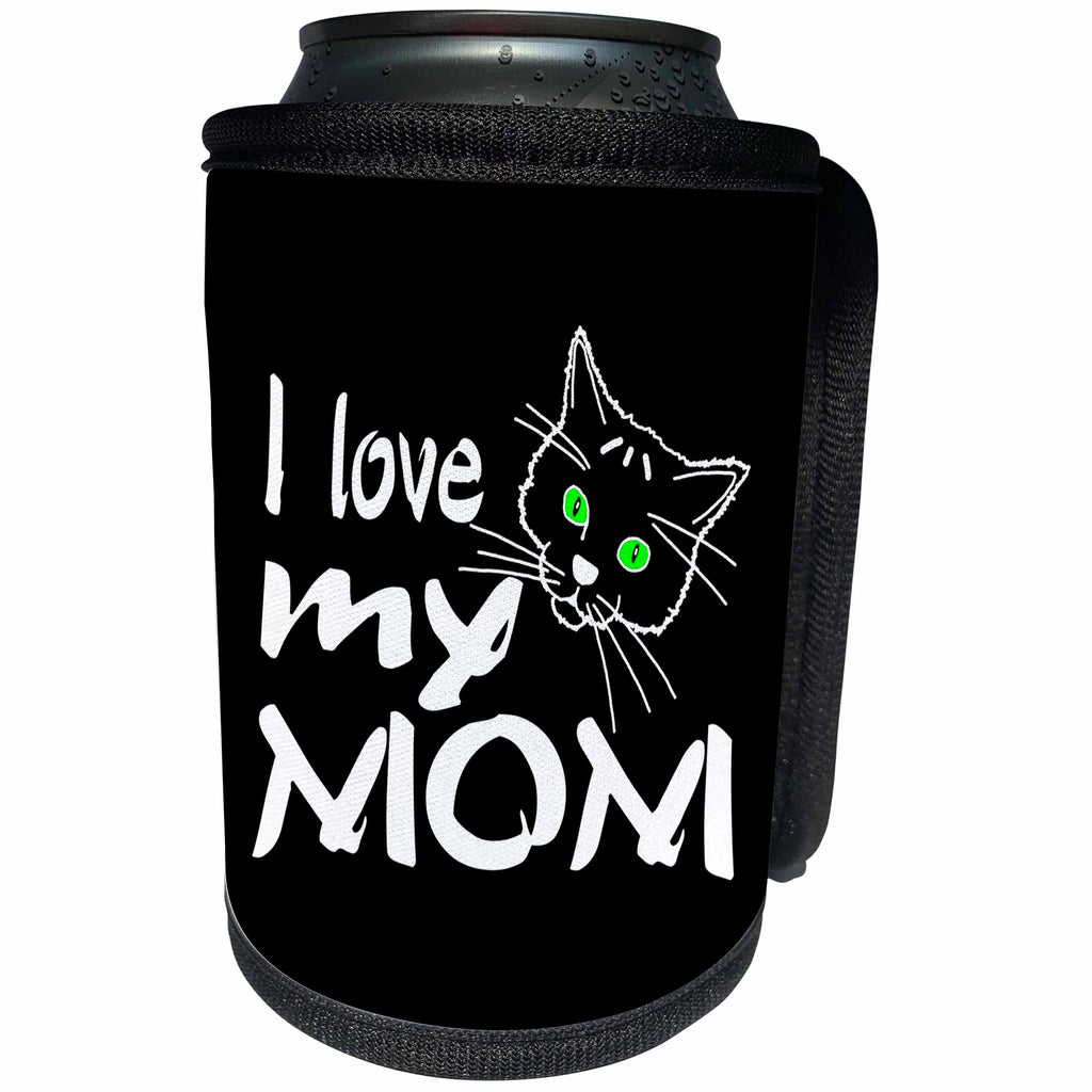 3dRose Alexis Design - Funny Cats - Funny cat face, the text I Love My Mom. Black background - Can Cooler Bottle Wrap (cc_270654)