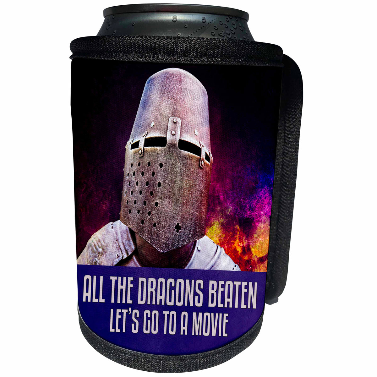 3dRose Alexis Design - Funny Knight - Medieval Knight - All the dragons beaten, let us go to a movie - Can Cooler Bottle Wrap (cc_270659)