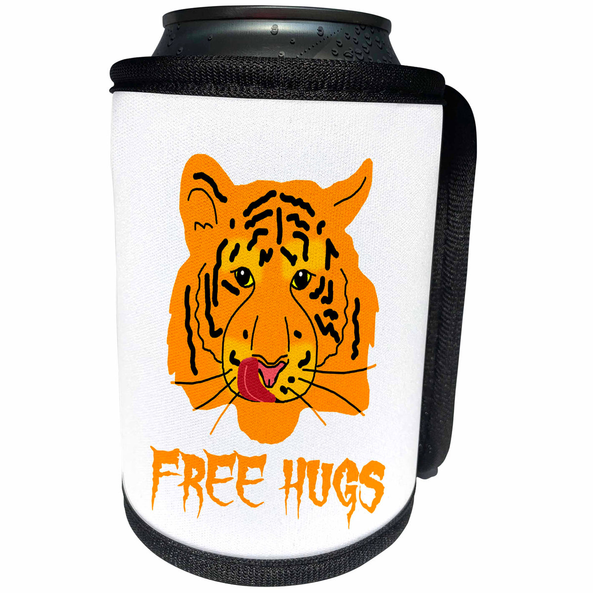 3dRose Alexis Design - Tiger - Funny orange tiger licks its lips. Free Hugs. White background - Can Cooler Bottle Wrap (cc_270669)