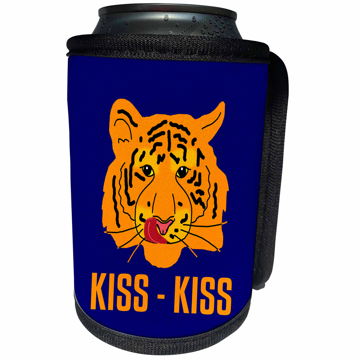 3dRose Alexis Design - Tiger - Funny orange tiger licks its lips. Kiss. Blue background - Can Cooler Bottle Wrap (cc_270670)