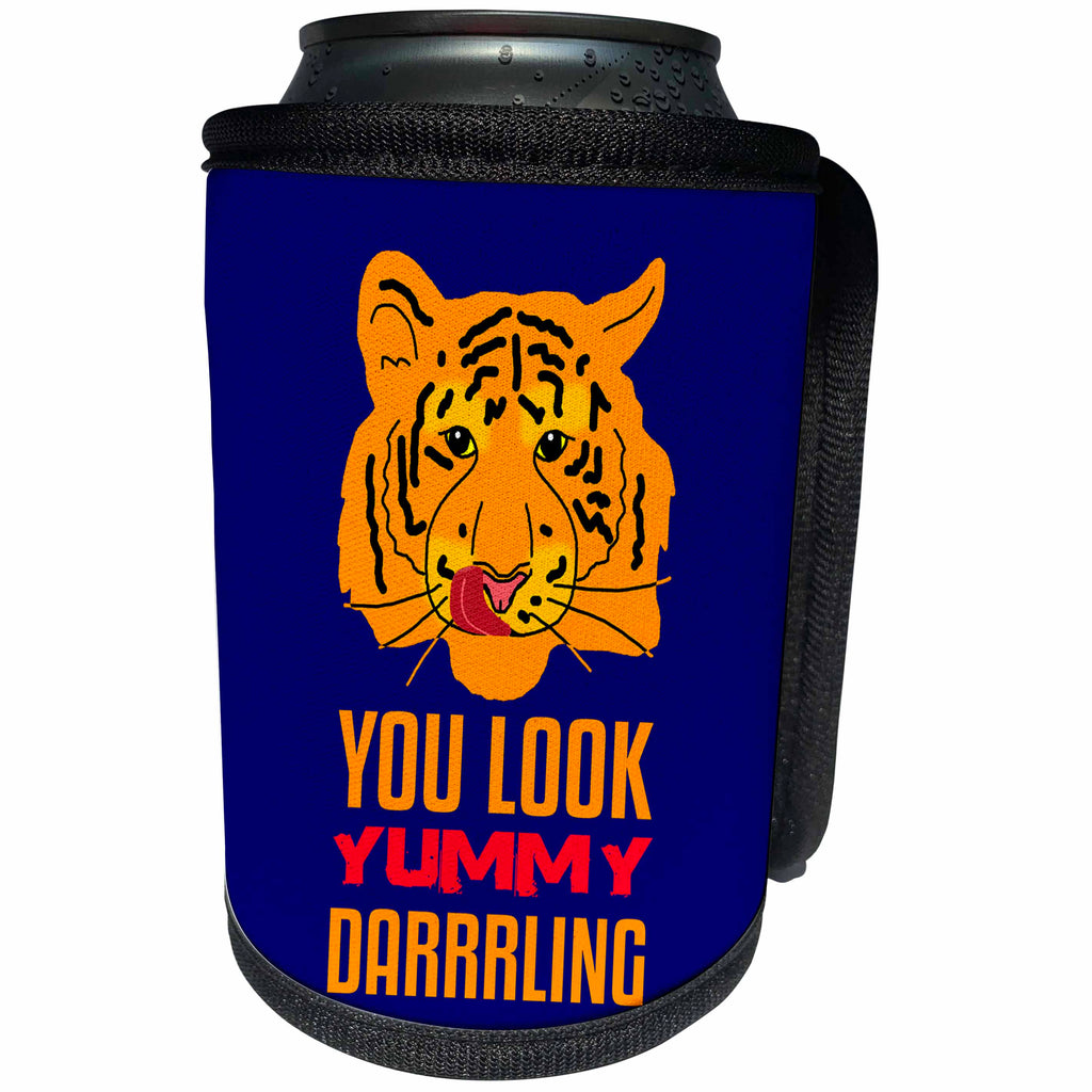 3dRose Alexis Design - Tiger - Funny orange tiger licks its lips. You Look Yummy. Blue background - Can Cooler Bottle Wrap (cc_270672)