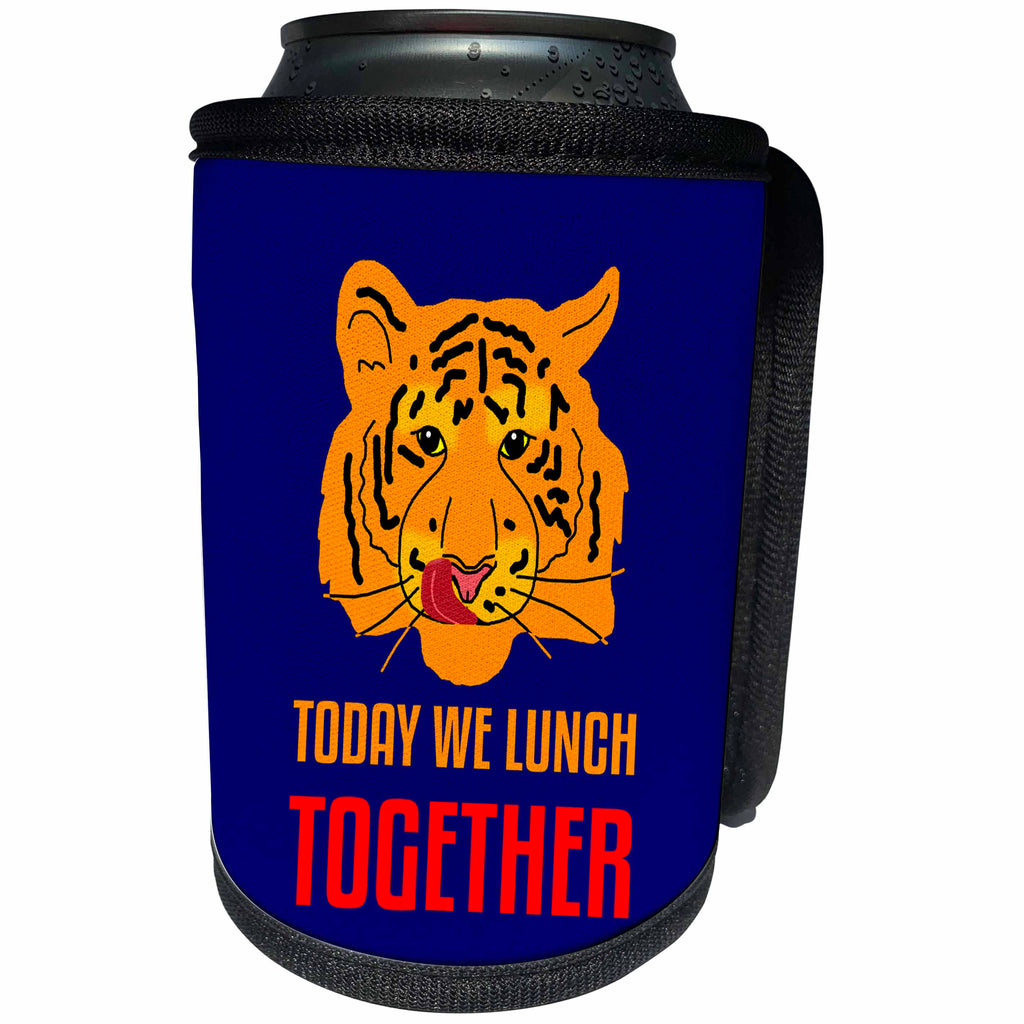 3dRose Alexis Design - Tiger - Funny orange tiger licks its lips. We Lunch Together. Blue background - Can Cooler Bottle Wrap (cc_270674)