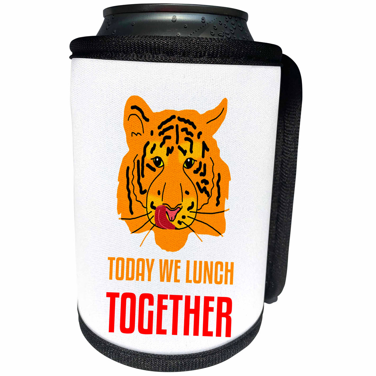 3dRose Alexis Design - Tiger - Funny orange tiger licks its lips. We Lunch Together. White backdrop - Can Cooler Bottle Wrap (cc_270675)