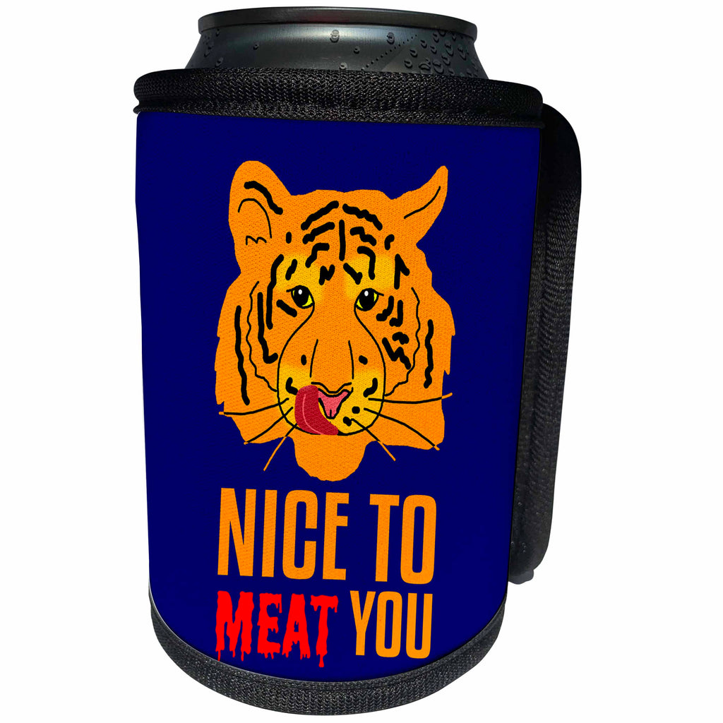 3dRose Alexis Design - Tiger - Funny orange tiger licks its lips. Nice To Meat You. Blue background - Can Cooler Bottle Wrap (cc_270676)