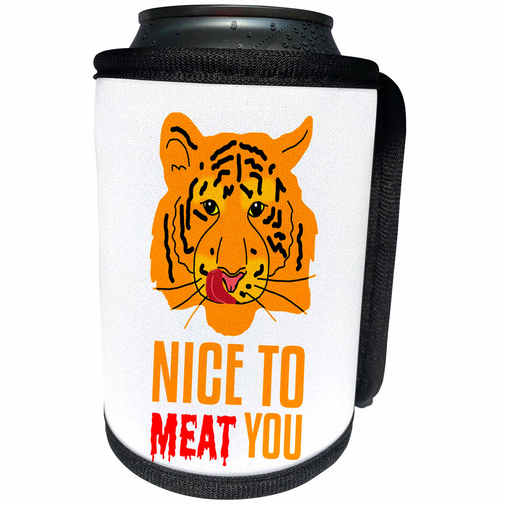 3dRose Alexis Design - Tiger - Funny orange tiger licks its lips. Nice To Meat You. White background - Can Cooler Bottle Wrap (cc_270677)