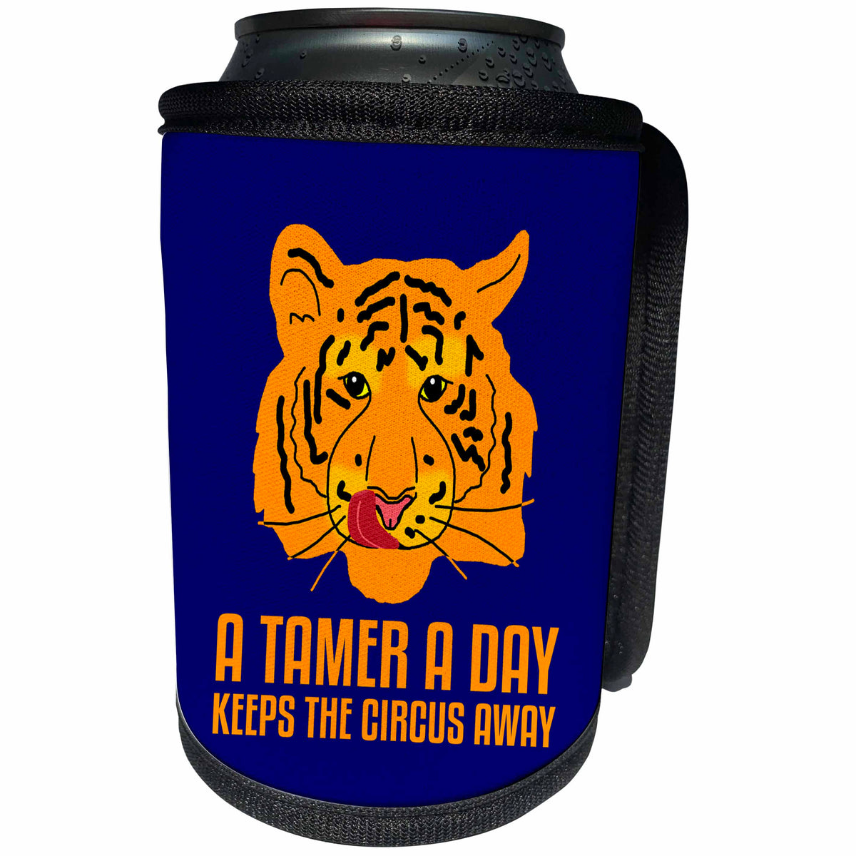 3dRose Alexis Design - Tiger - Funny orange tiger licks its lips. A Tamer A Day. Blue background - Can Cooler Bottle Wrap (cc_270679)