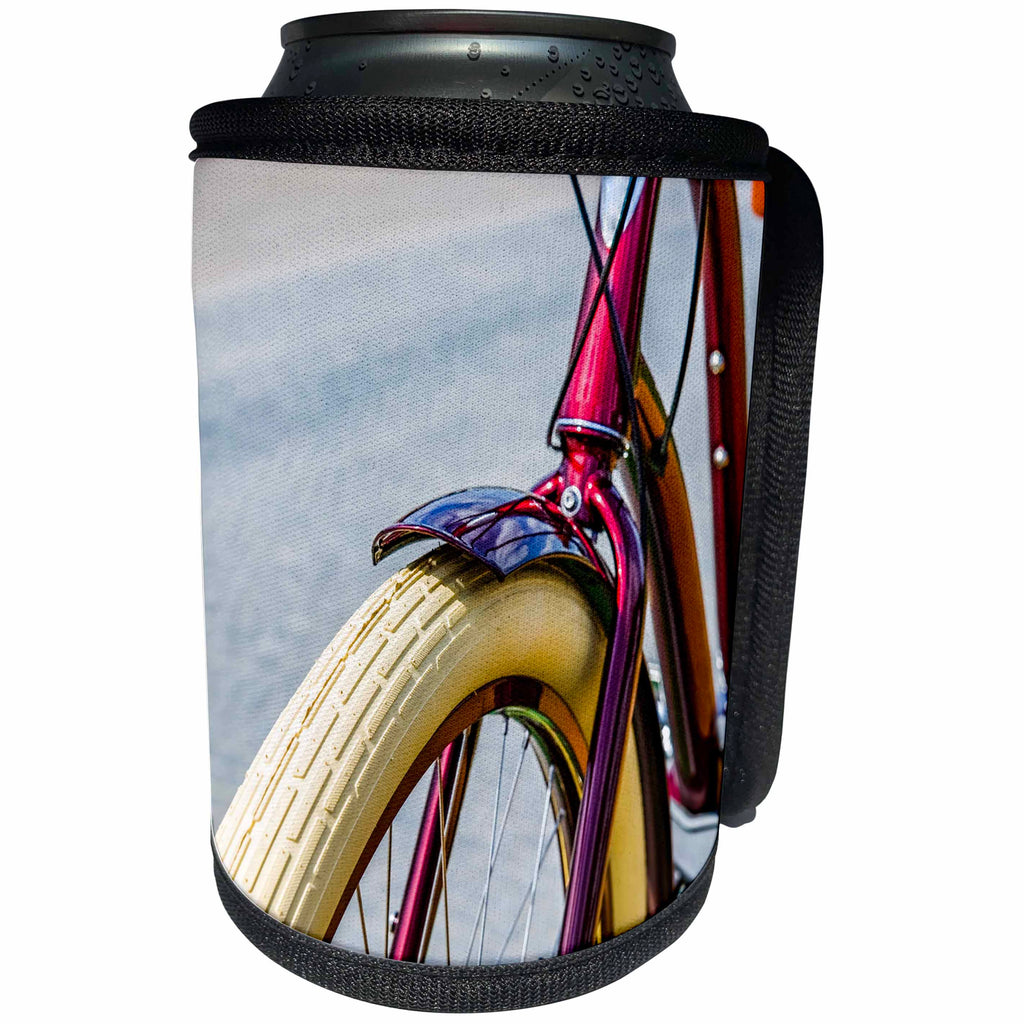 3dRose Alexis Photography - Transport Bike - Purple metal frame and white front wheel of a modern bicycle - Can Cooler Bottle Wrap (cc_270730)