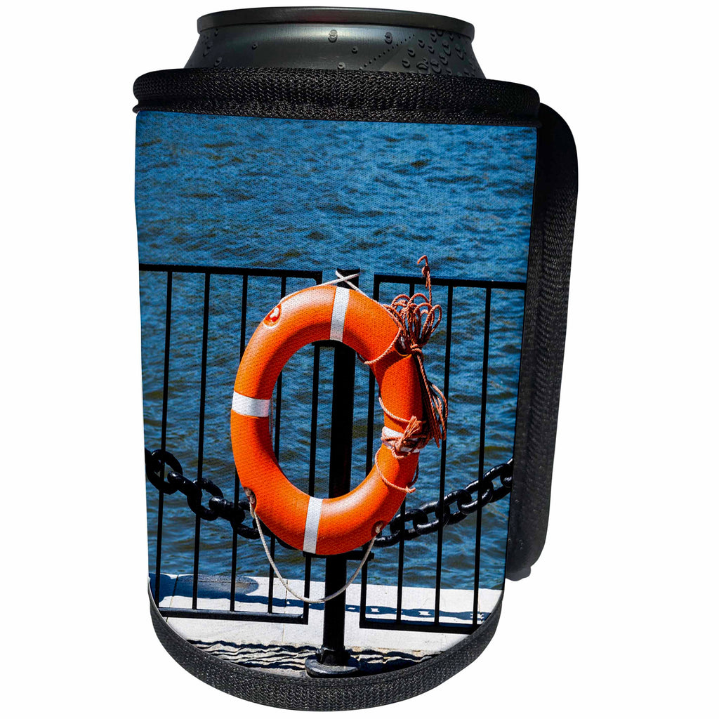 3dRose Alexis Photography - Objects - Orange life buoy ring with a rope by the water - Can Cooler Bottle Wrap (cc_270775)