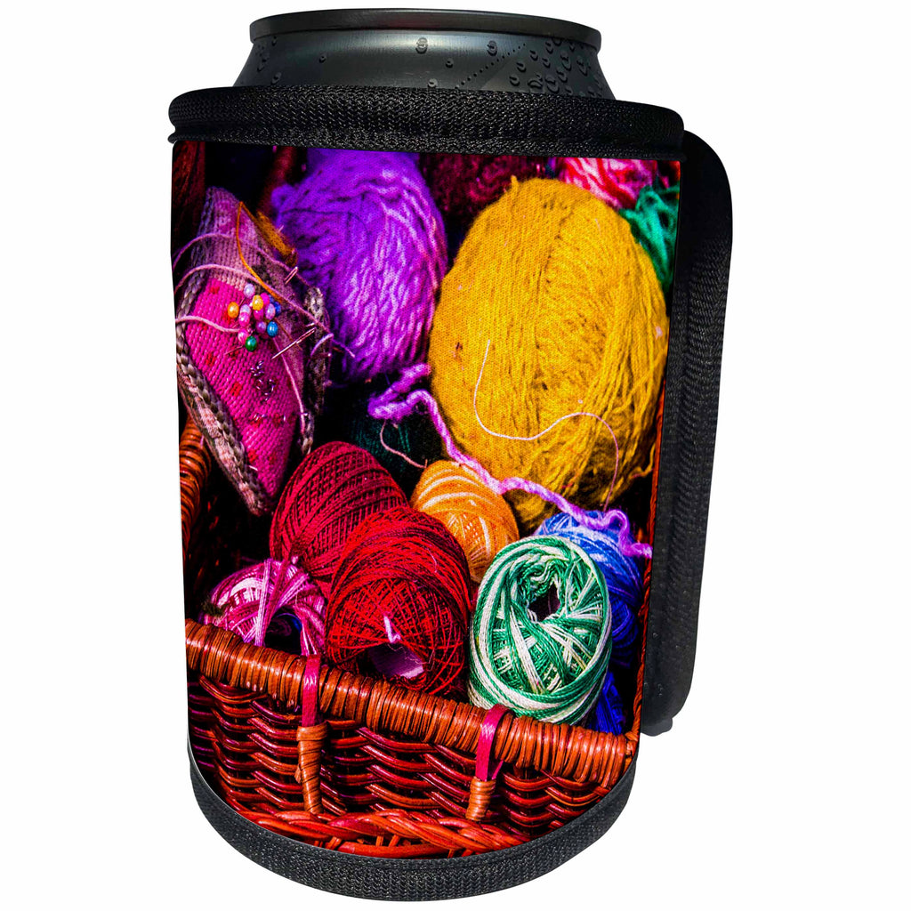 3dRose Alexis Photography - Objects - Balls of colorful yarn in a wicker basket. Stylized photo - Can Cooler Bottle Wrap (cc_270815)