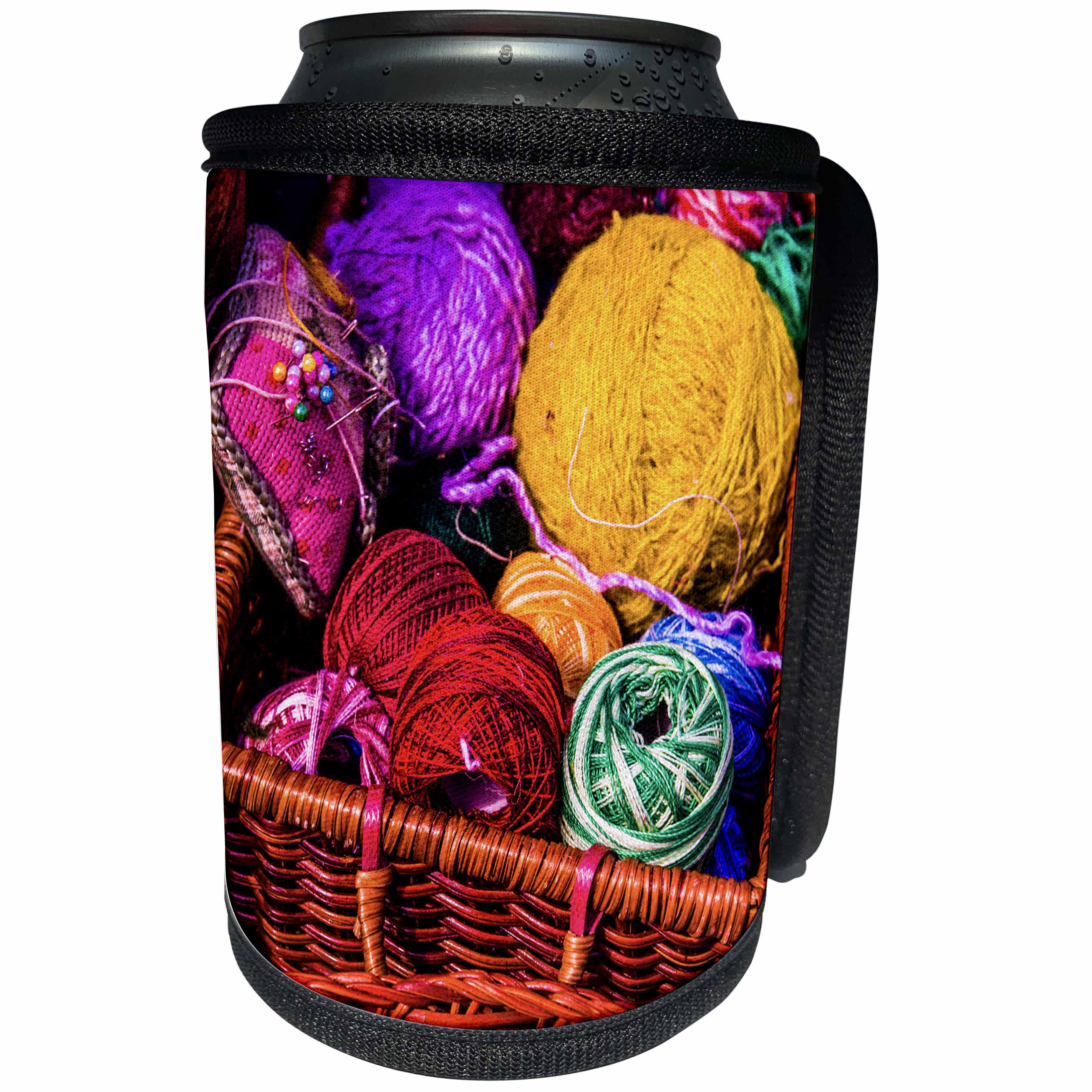 3dRose Alexis Photography - Objects - Balls of colorful yarn in a wicker basket. Stylized photo - Can Cooler Bottle Wrap (cc_270815)