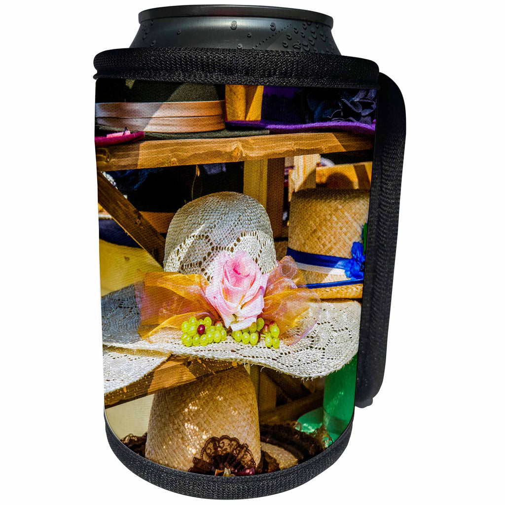 3dRose Alexis Photography - Objects - Vintage female straw hats. Pink rose and grapes - Can Cooler Bottle Wrap (cc_270821)