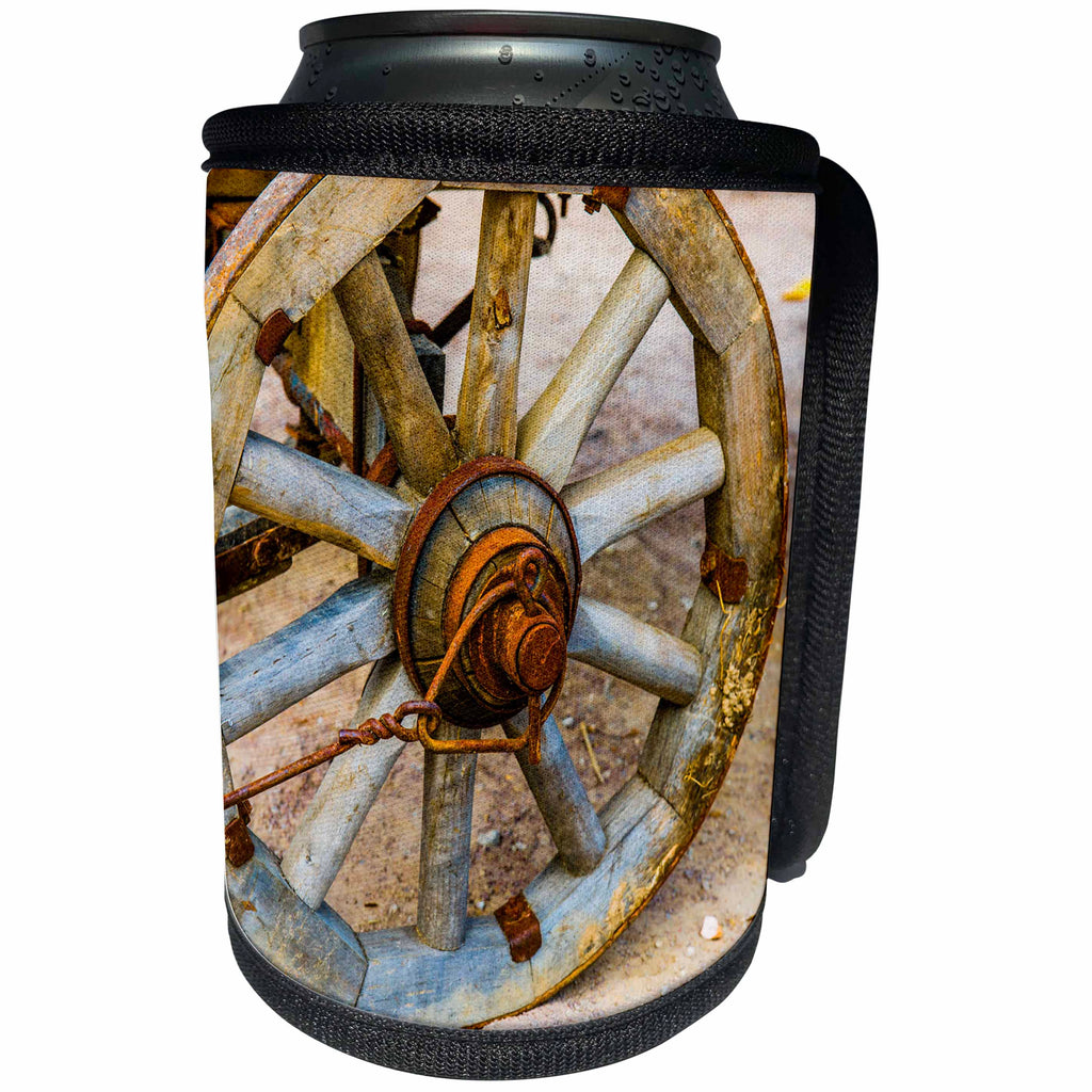 3dRose Alexis Photography - Objects - Vintage cart wheel. Rusty metal - Can Cooler Bottle Wrap (cc_270823)