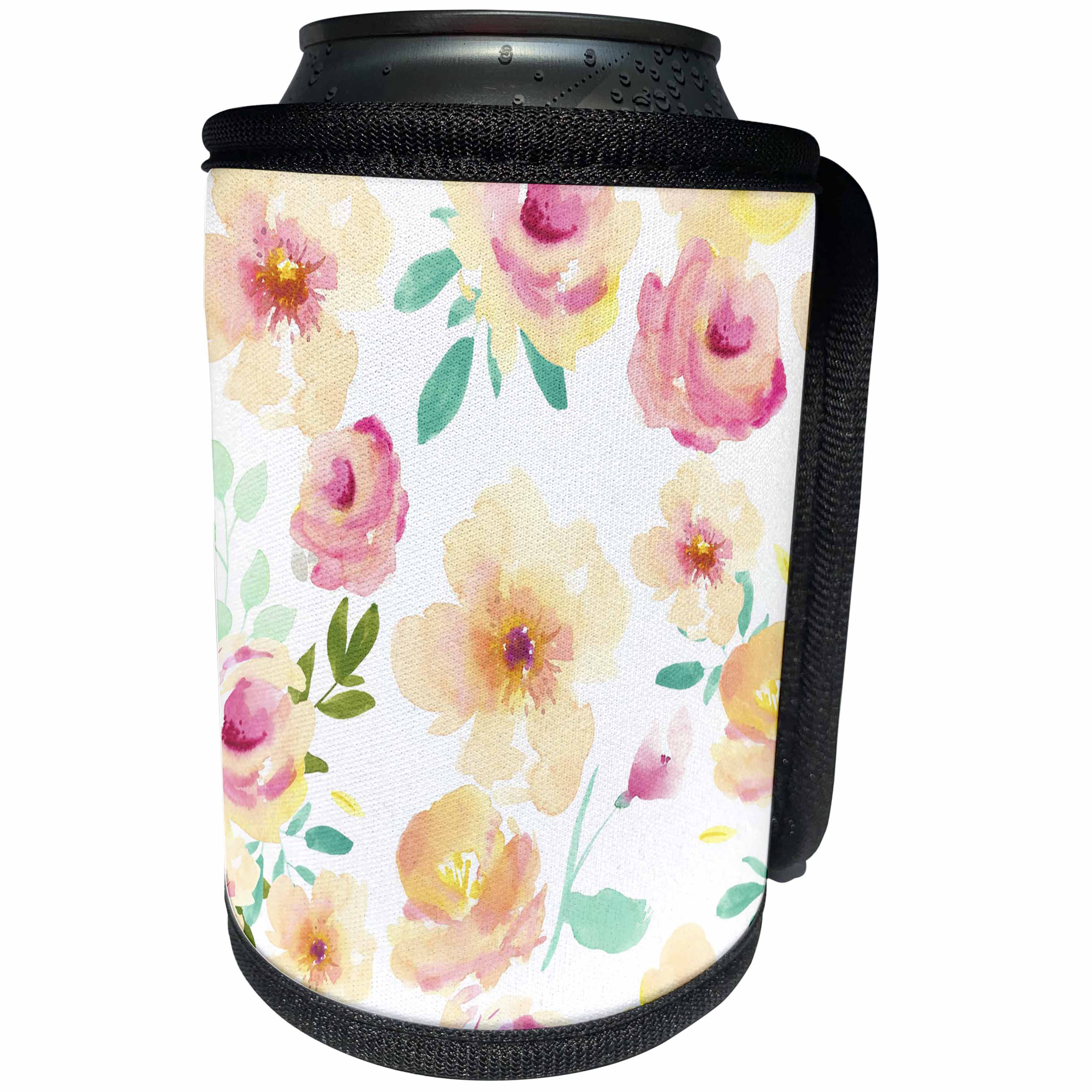 3dRose PS Chic - Picturing Yellow Pink Chic Flowers Watercolor - Can Cooler Bottle Wrap (cc_270972)