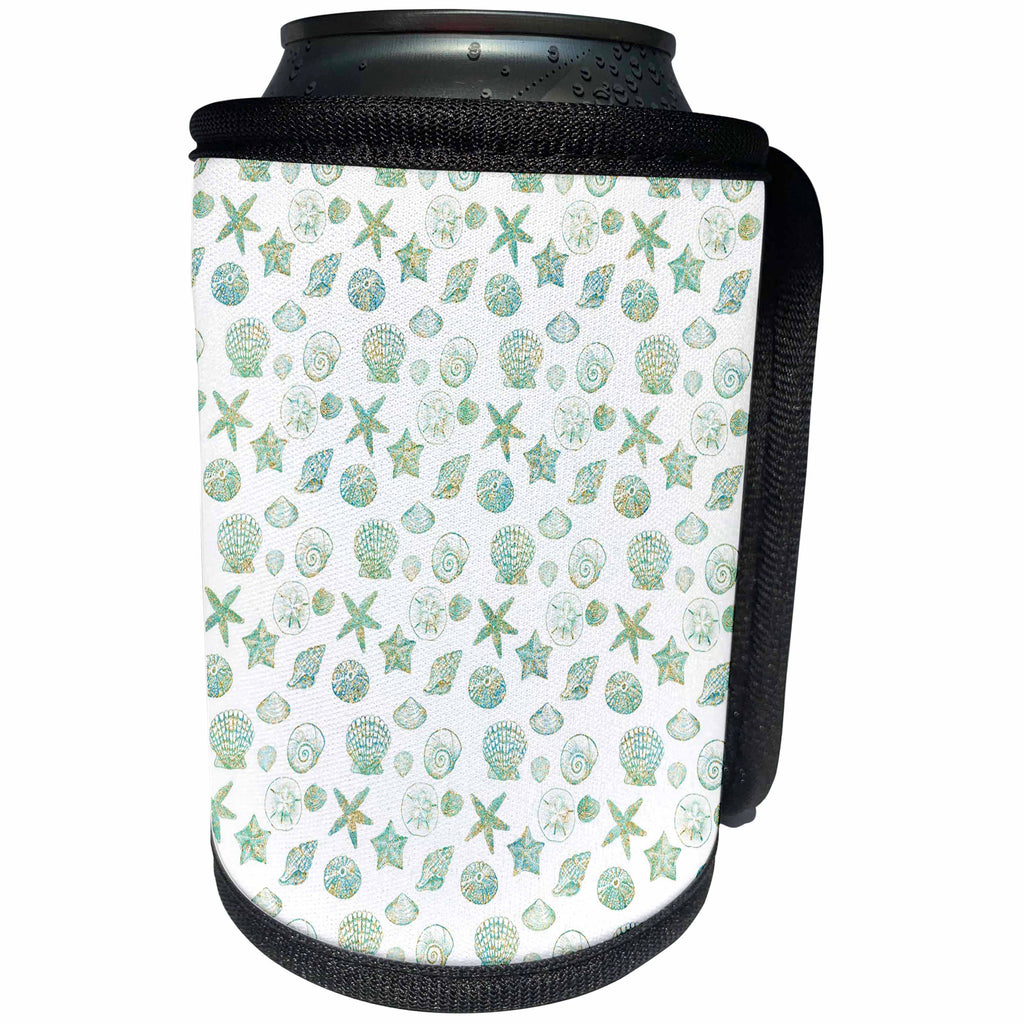 3dRose PS Beach - Picturing Gold Aqua Glitzy Sea Shells - Can Cooler Bottle Wrap (cc_270989)