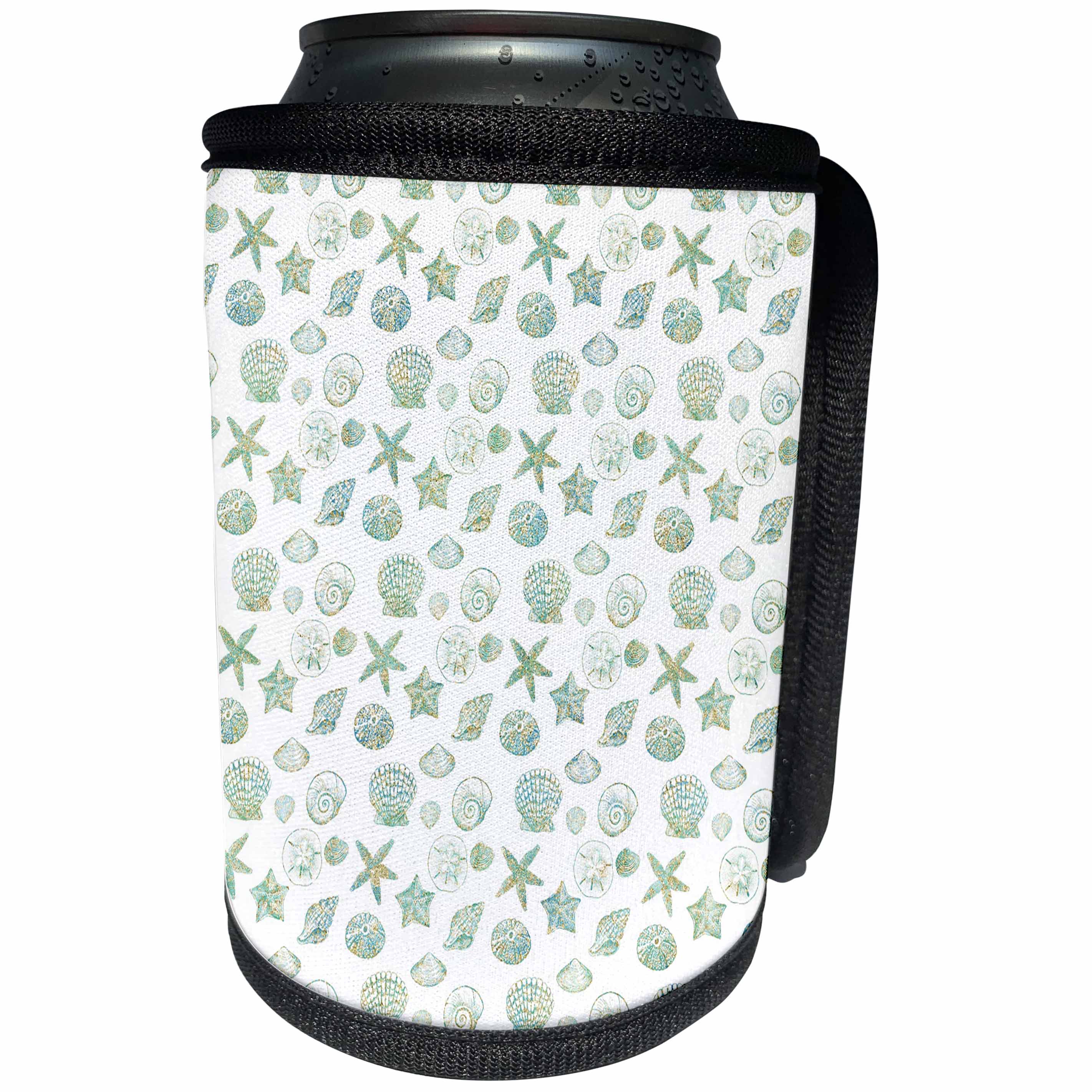 3dRose PS Beach - Picturing Gold Aqua Glitzy Sea Shells - Can Cooler Bottle Wrap (cc_270989)