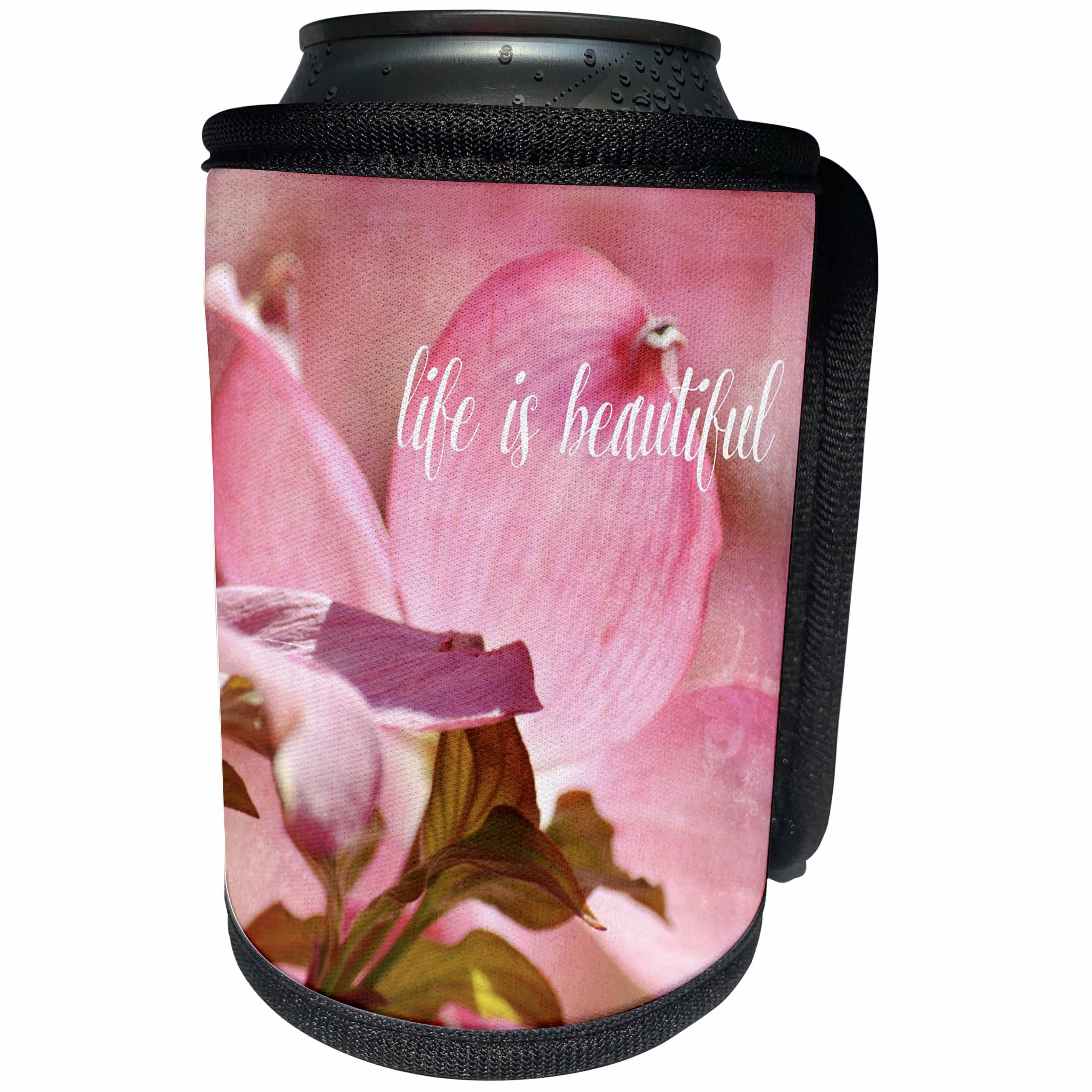 3dRose PS Inspiration - Picturing Pink Dogwood Flower Life is Beautiful - Can Cooler Bottle Wrap (cc_271003)