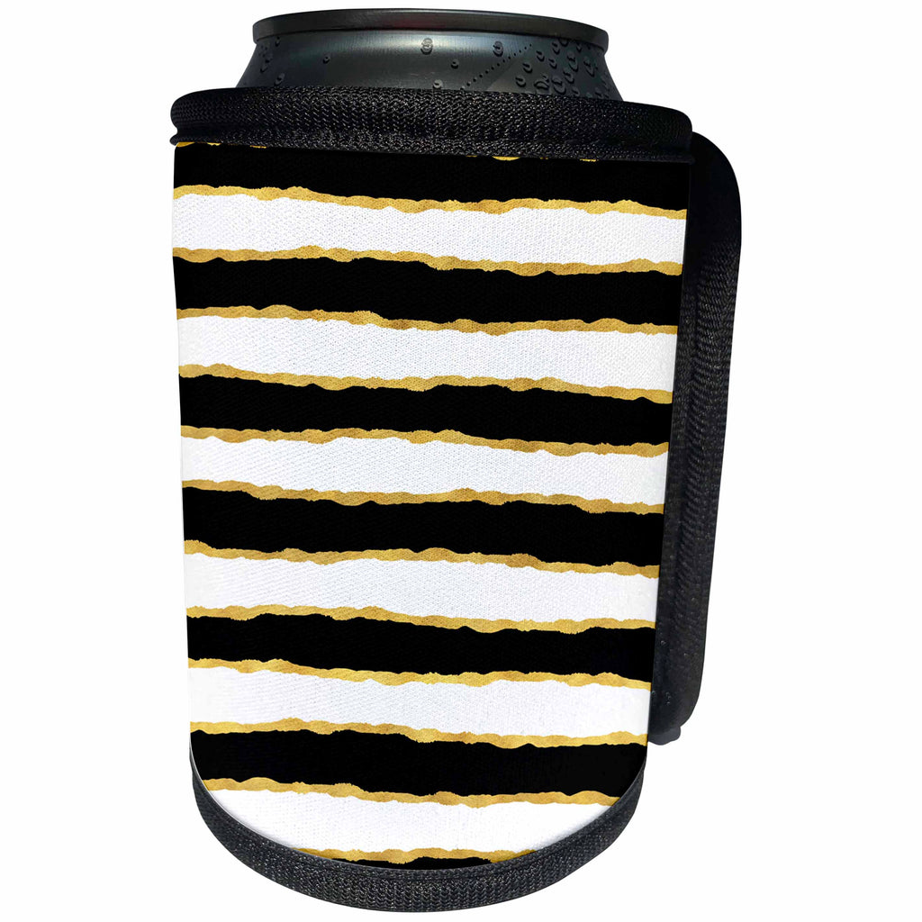 3dRose PS Chic - Picturing Black White Gold Chic Stripes - Can Cooler Bottle Wrap (cc_271065)