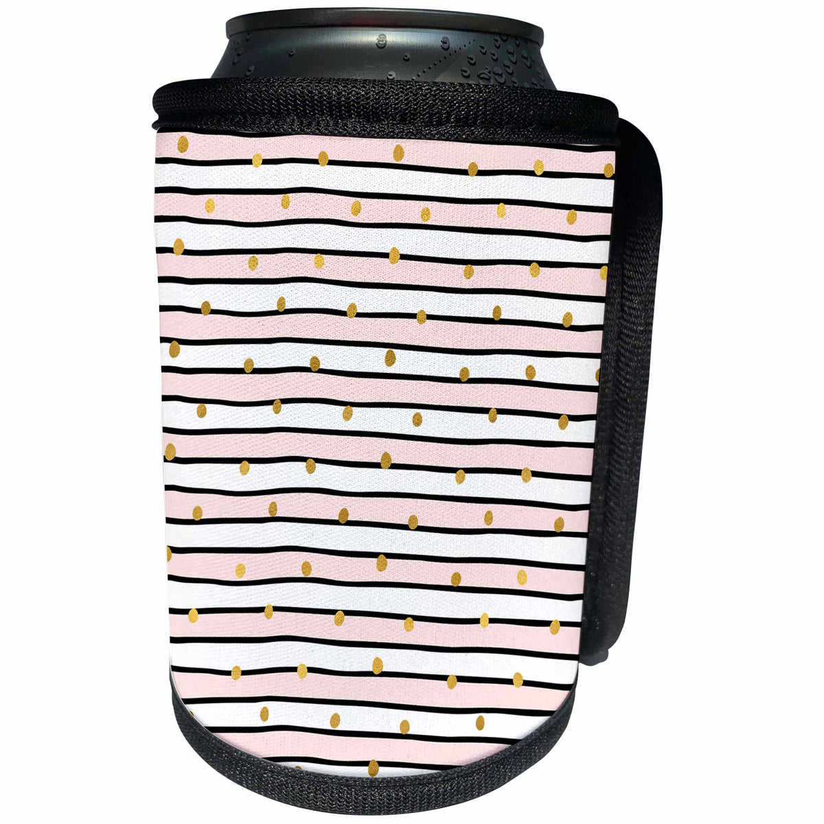 3dRose PS Chic - Picturing Blush Pink Black Stripes Gold Confetti - Can Cooler Bottle Wrap (cc_271069)
