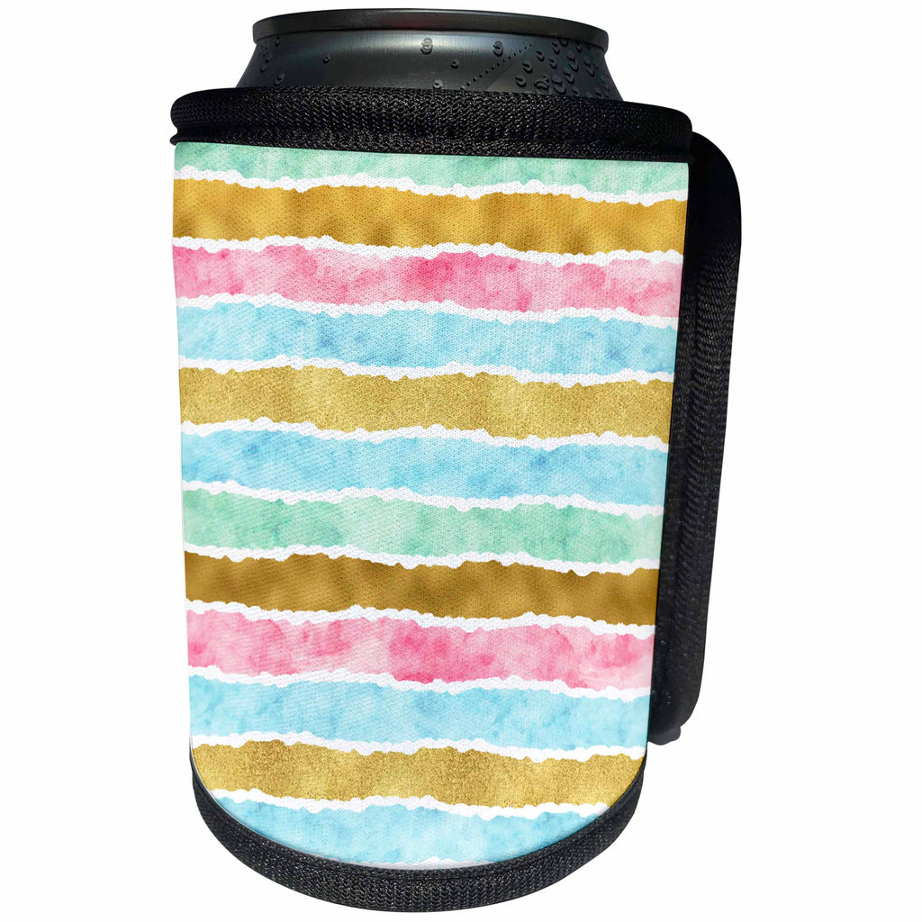 3dRose PS Chic - Picturing Gold Mint Blue Pink Watercolor Stripes - Can Cooler Bottle Wrap (cc_271070)