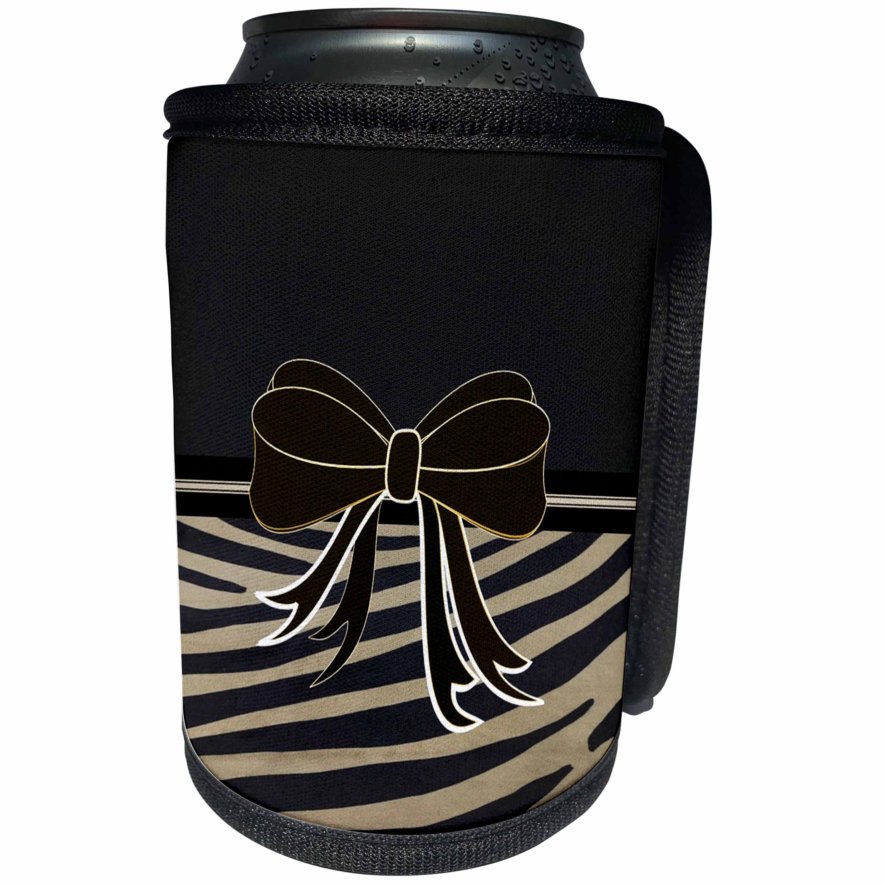 3dRose Bows n Ribbons - Image of Black and Gold Bow On Animal Stripes - Can Cooler Bottle Wrap (cc_271131)