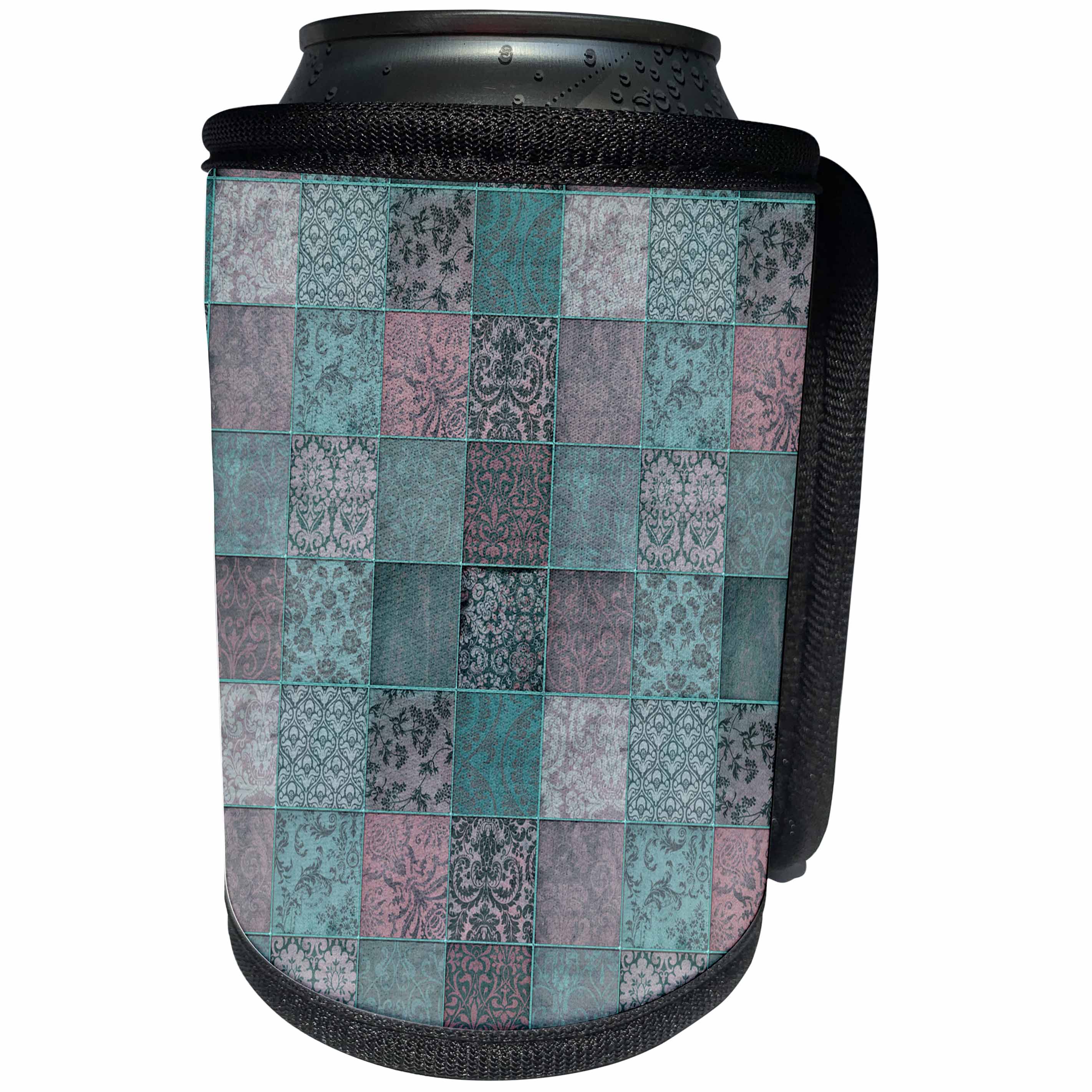 3dRose Andrea Haase Art Illustration - Vintage Patchwork Pattern Distressed Style in Teal Turquoise And Pink - Can Cooler Bottle Wrap (cc_271138)