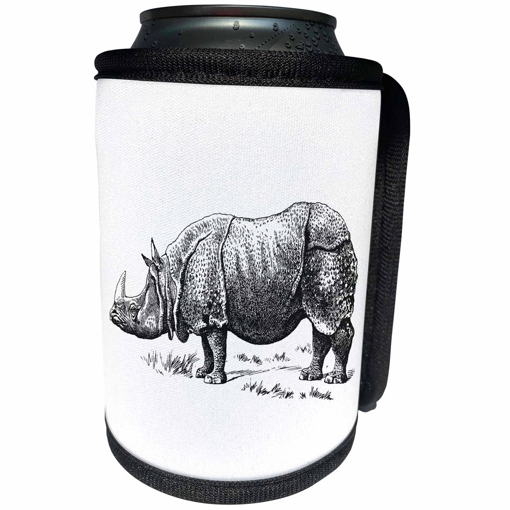3dRose Andrea Haase Animals Illustration - Vintage Rhino Drawing Black And White Rhinoceros - Can Cooler Bottle Wrap (cc_271170)