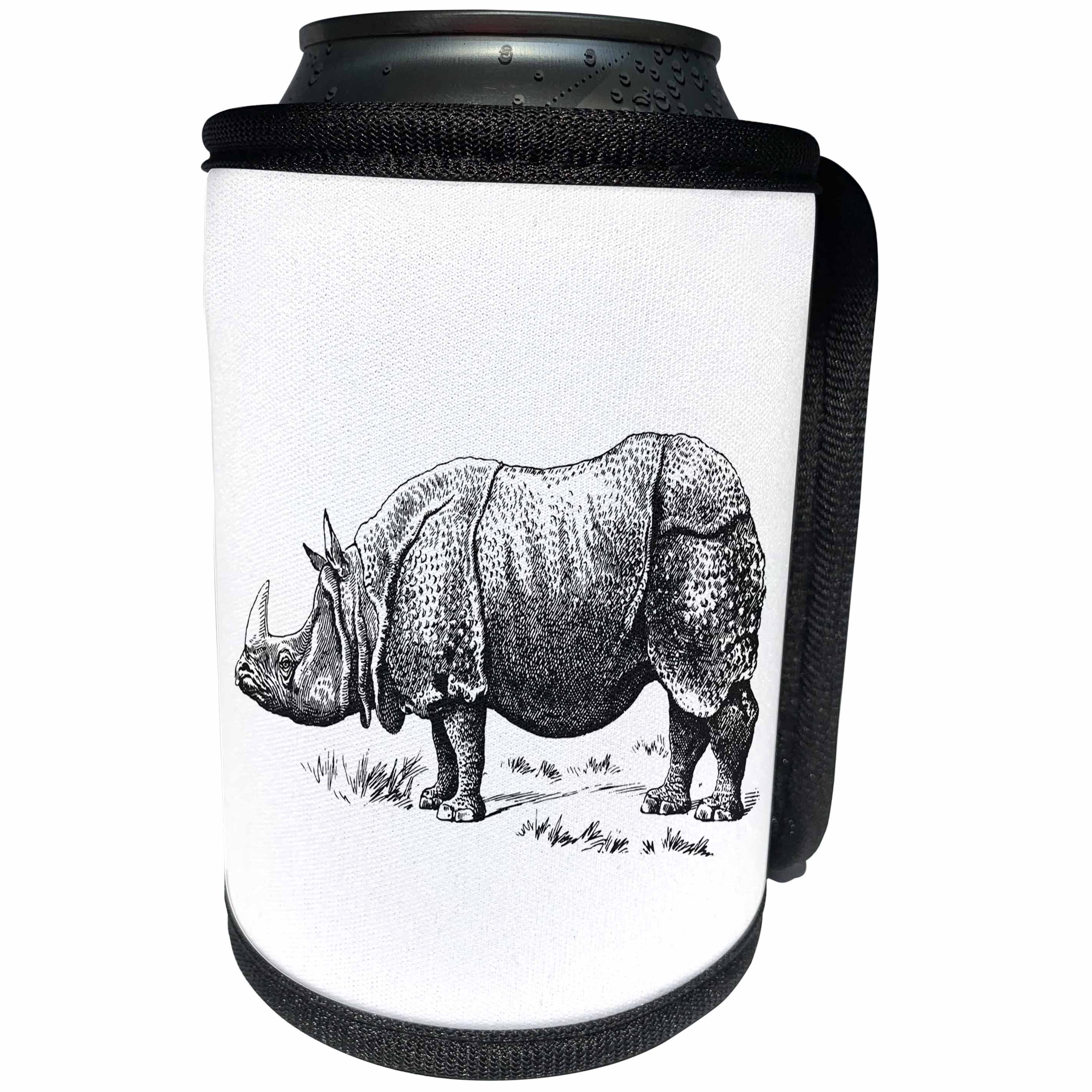 3dRose Andrea Haase Animals Illustration - Vintage Rhino Drawing Black And White Rhinoceros - Can Cooler Bottle Wrap (cc_271170)