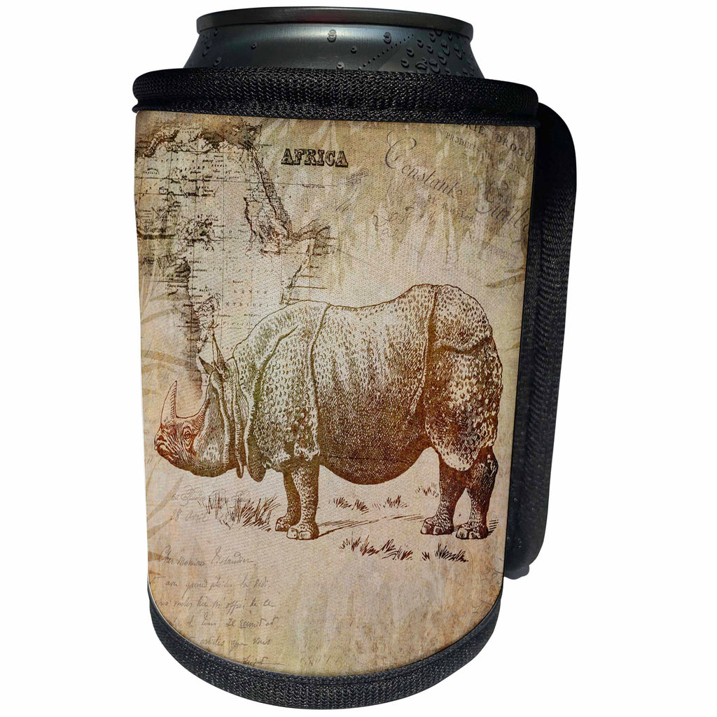 3dRose Andrea Haase Animals Illustration - Rhinoceros Illustration With Africa Map - Can Cooler Bottle Wrap (cc_271182)