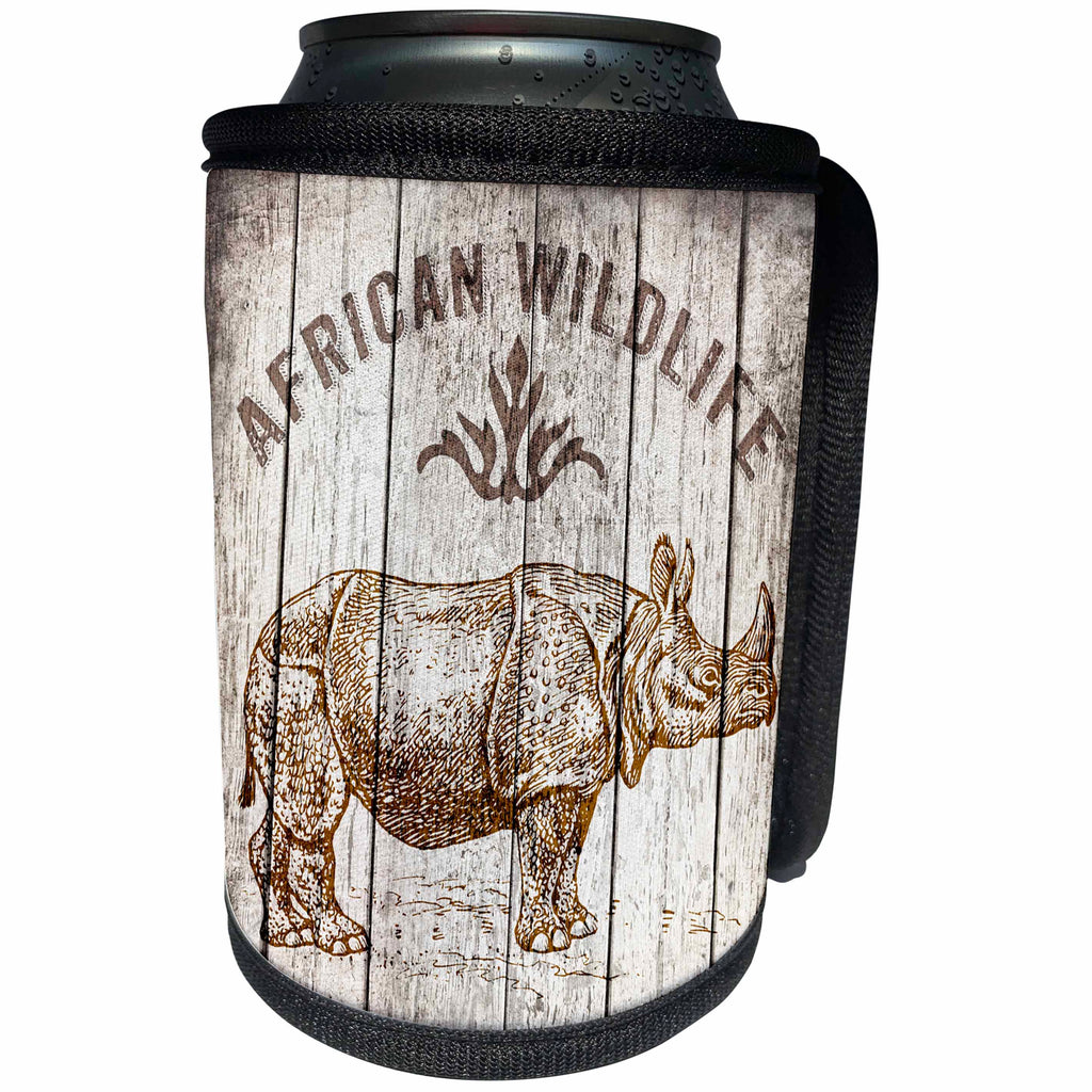 3dRose Andrea Haase Animals Illustration - Rhinoceros Illustration With Typography On Old Wooden Planks - Can Cooler Bottle Wrap (cc_271185)
