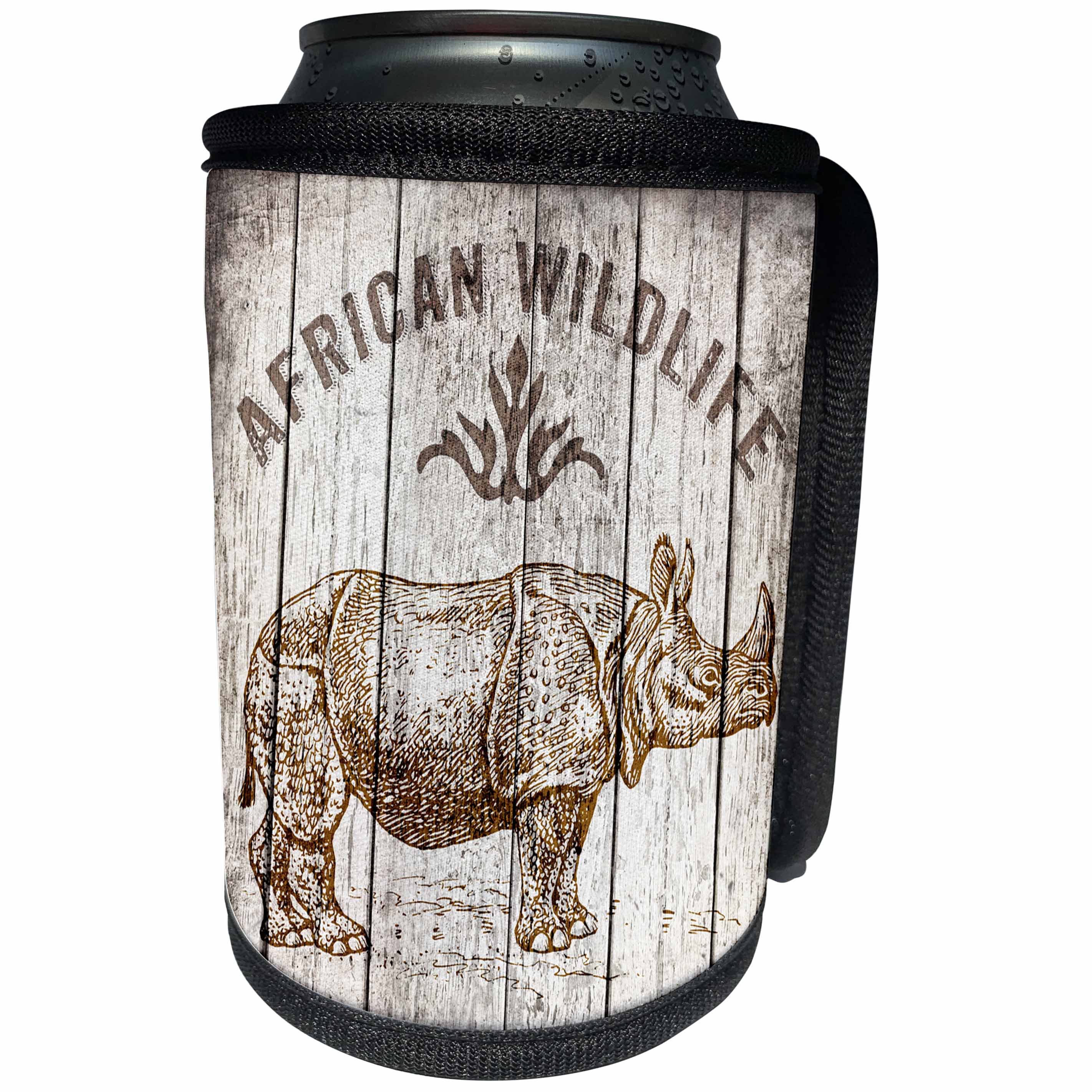 3dRose Andrea Haase Animals Illustration - Rhinoceros Illustration With Typography On Old Wooden Planks - Can Cooler Bottle Wrap (cc_271185)