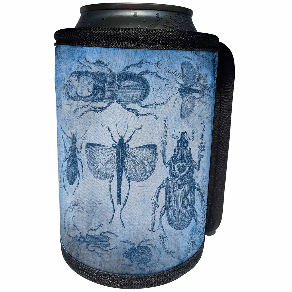3dRose Andrea Haase Animals Illustration - Vintage Drawing Of Bugs And Beetles In Blue - Can Cooler Bottle Wrap (cc_271186)