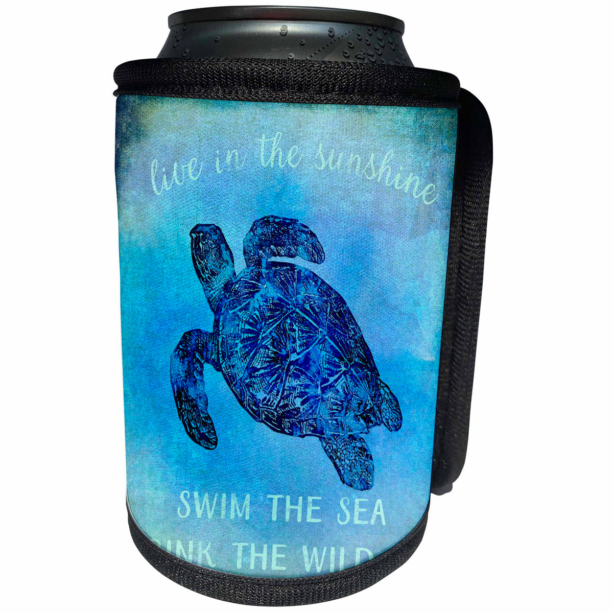 3dRose Andrea Haase Animals Illustration - Blue Underwater Turtle Illustration With Typography - Can Cooler Bottle Wrap (cc_271192)